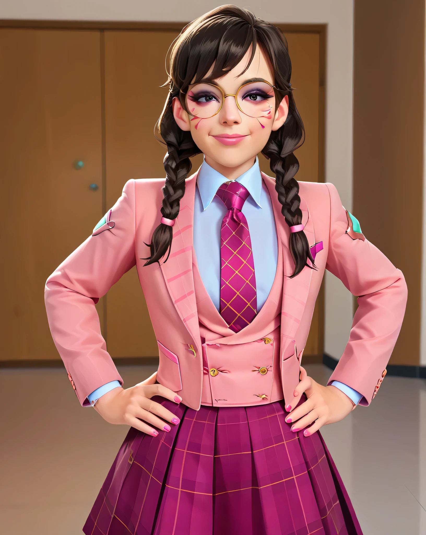 score_9, score_8_up, score_7_up,score_6_up, score_5_up, 2.5d, highly detailed,1girl, solo focus, medium shot , (three-piece suit), ((waistcoat)), suit jacket, blazer, open suit jacket academy dva, glasses , twin braids, classroom background, skirt, necktie, face markings, beautiful face, smile, smug, hands on hips, adult, heavy makeup, pink nails, dark eyeshadow, mascara, pink lipstick, detailed eyes, blush, tie clip, skirt, pink whisker markings, eyeliner, glittery eyeshadow