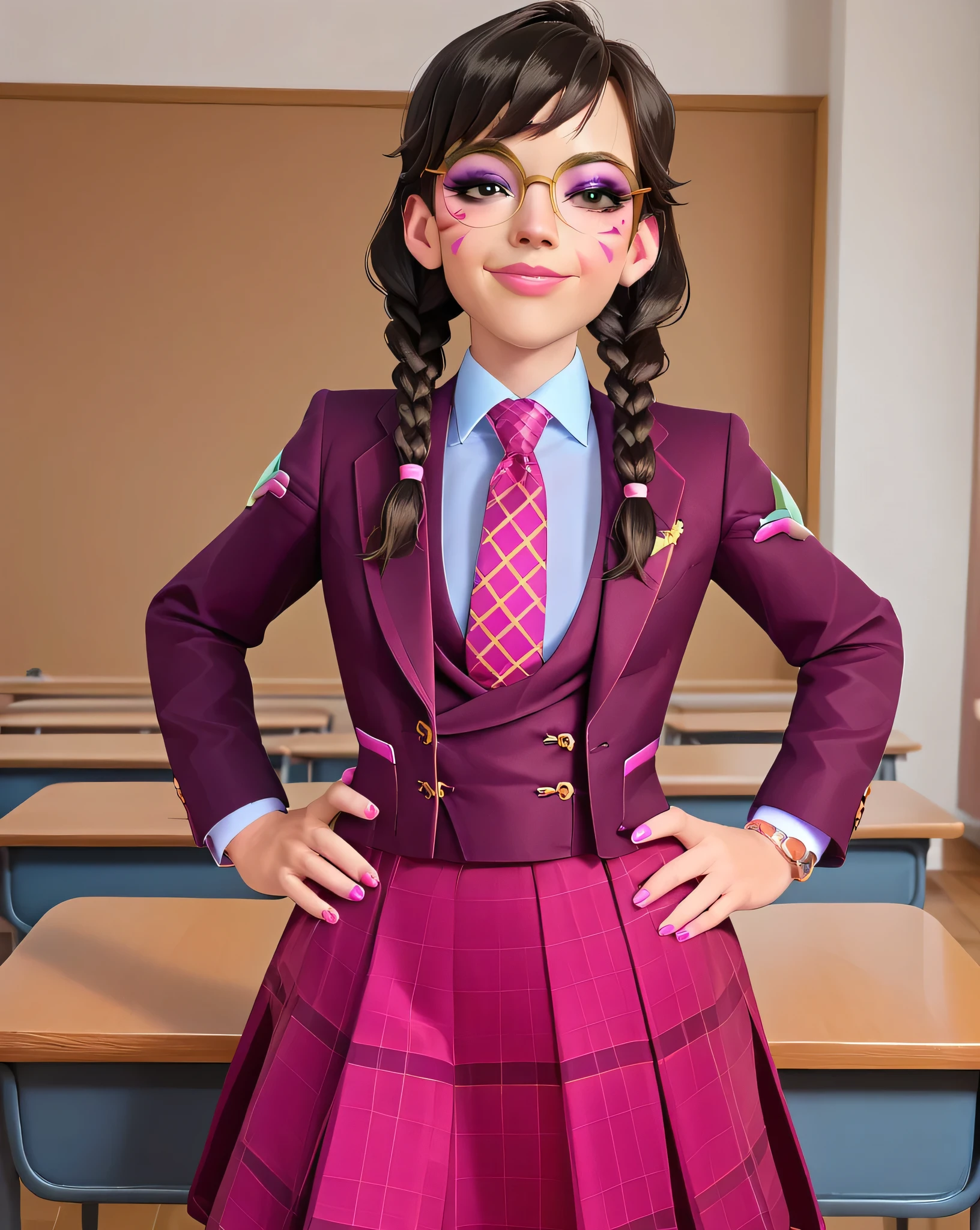 score_9, score_8_up, score_7_up,score_6_up, score_5_up, 2.5d, highly detailed,1girl, solo focus, medium shot , three-piece suit, ((waistcoat)), suit jacket, blazer, open suit jacket academy dva, glasses , twin braids, classroom background, skirt, necktie, face markings, beautiful face, smile, smug, hands on hips, adult, heavy makeup, pink nails, dark eyeshadow, mascara, pink lipstick, detailed eyes, blush, tie clip