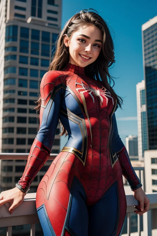 ((8k, RAW photo, highest qualityr, Masterpiece), Professional close-up photo with high detail in RAW color, (highest quality), (Best shadow), (best illustration), ultrahigh resolution, Highly detailed 8K unified CG wallpapers, Physics-based rendering, cinematic lighting), ((Riley Reid)), ((pov:front upper body)), cosplay, (((real Spiderman suit))), realistic, rooftop, standing, rooftop, hands on hips, smiling in camera, ((large iconic smile)), upper body shot, ((caricatural art)), big eyes, ((accentuated curvy body)), ((big ass, wide hips, tiny waist)), super detailed face,