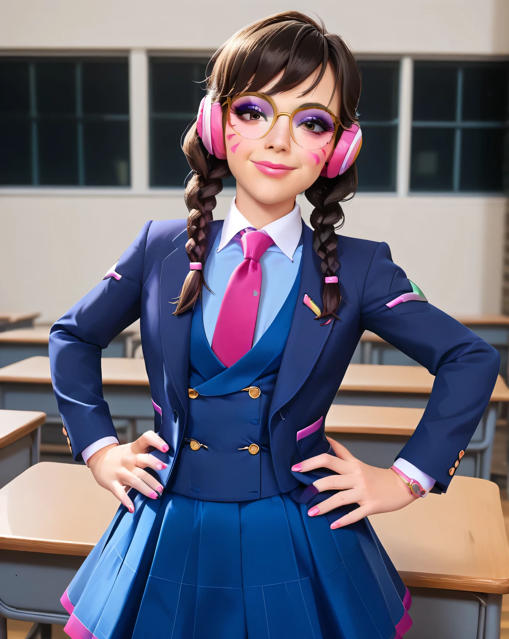 score_9, score_8_up, score_7_up,score_6_up, score_5_up, 2.5d, highly detailed,1girl, solo focus, medium shot , (three-piece suit), ((waistcoat)), suit jacket, blazer, open suit jacket academy dva, glasses , twin braids, classroom background, skirt, necktie, face markings, beautiful face, smile, smug, hands on hips, adult, heavy makeup, pink nails, dark eyeshadow, mascara, pink lipstick, detailed eyes, blush, tie clip, skirt, pink whisker markings, eyeliner, glittery eyeshadow, blue shirt with white collar,