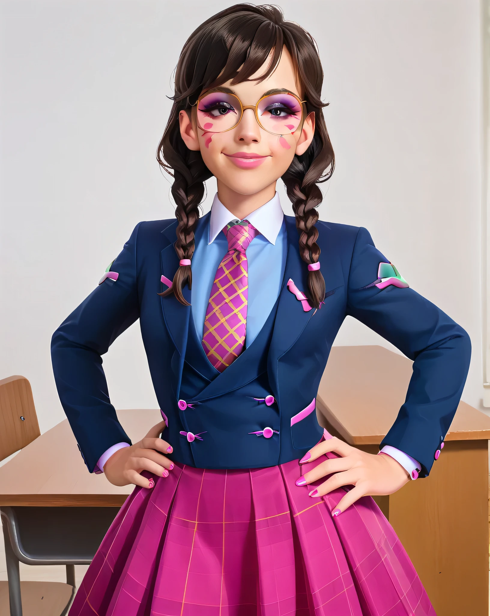 score_9, score_8_up, score_7_up,score_6_up, score_5_up, 2.5d, highly detailed,1girl, solo focus, medium shot , (three-piece suit), ((waistcoat)), suit jacket, blazer, open suit jacket academy dva, glasses , twin braids, classroom background, skirt, necktie, face markings, beautiful face, smile, smug, hands on hips, adult, heavy makeup, pink nails, dark eyeshadow, mascara, pink lipstick, detailed eyes, blush, tie clip, skirt, pink whisker markings, eyeliner, glittery eyeshadow, blue shirt with white collar,