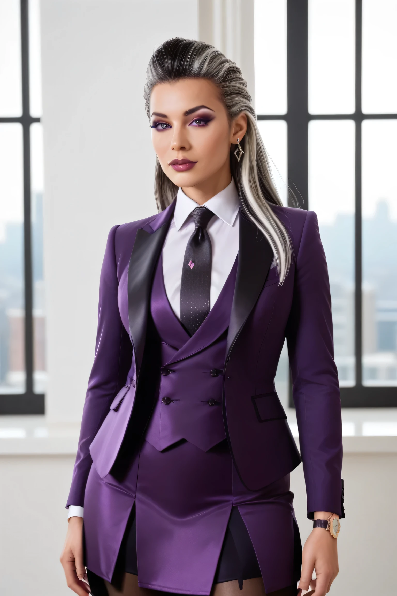 score_9, score_8_up, score_7_up, masterpiece, high quality
 Sndl, long hair, two-tone hair, hair slicked back, three-piece suit, 1girl, solo,  formal, jewelry, suit, black silk necktie, earrings, purple jacket, shirt, standing, hand on hip, window, watch, jacket, wristwatch, black satin shirt, purple skirt, makeup, black gloves, silver trim, pantyhose, cufflinks