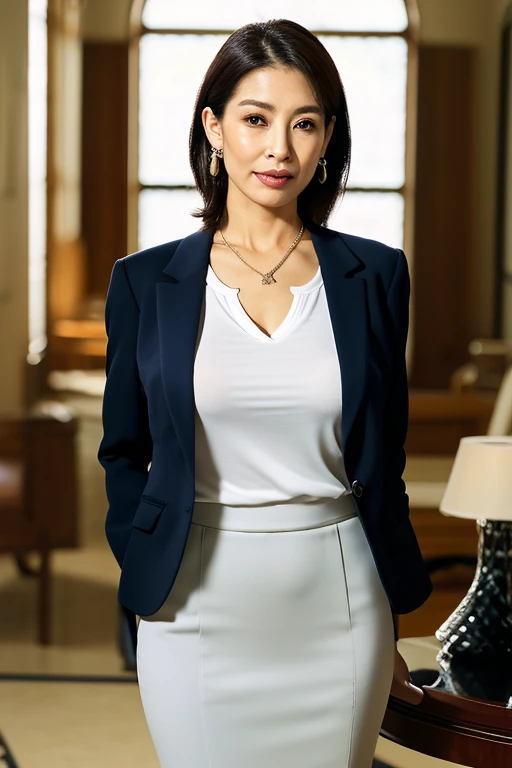 (Highest quality), (Super high resolution), (Ultra-realistic texture of facial wrinkles), (Facial microstructure), (Illuminated subject), (8K image), (Clear photo), (Real-life) (Shot from quite below)
(Japanese woman) (CEO) (Aeg55) (Beautiful face typical of Japanese people) (Low ponytail in caramel color)
(Slender face) (Big eyes) (Straight nose) (Small nostrils) (Thick lips) (Pointed chin)
(Look at me) (Corner of mouth turns up)
(Confident beauty) (Very cool beauty) (Slim figure) (Her breasts are large) (Nipples visible: 0.5)
(Shot in a reception room)) (Noble expression)
(Dignified attire suitable for an older female CEO) ) (Luxurious dark blue business skirt suit) (Pure white see-through blouse) (Black stockings) (High heels) (Necklace, earrings) (Heavy makeup)
(Arms folded in front of chest) (Standing pose) (Looking down at camera)
(Cowboy shot)