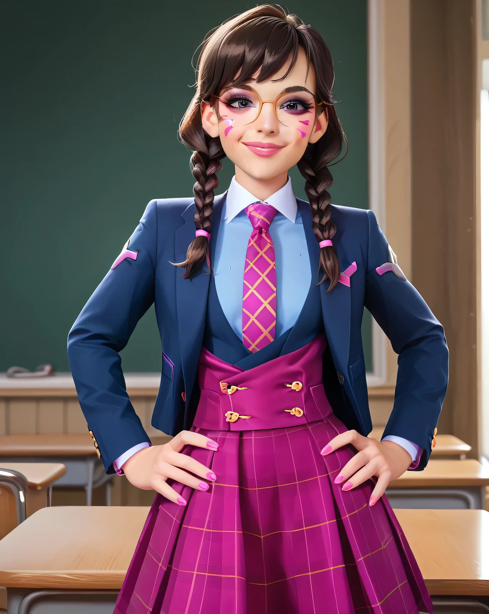 score_9, score_8_up, score_7_up,score_6_up, score_5_up, 2.5d, highly detailed,1girl, solo focus, medium shot , (three-piece suit), ((waistcoat)), suit jacket, blazer, open suit jacket academy dva, glasses , twin braids, classroom background, skirt, necktie, face markings, beautiful face, smile, smug, hands on hips, adult, heavy makeup, pink nails, dark eyeshadow, mascara, pink lipstick, detailed eyes, blush, tie clip, skirt, pink whisker markings, eyeliner, glittery eyeshadow, blue shirt with white collar,