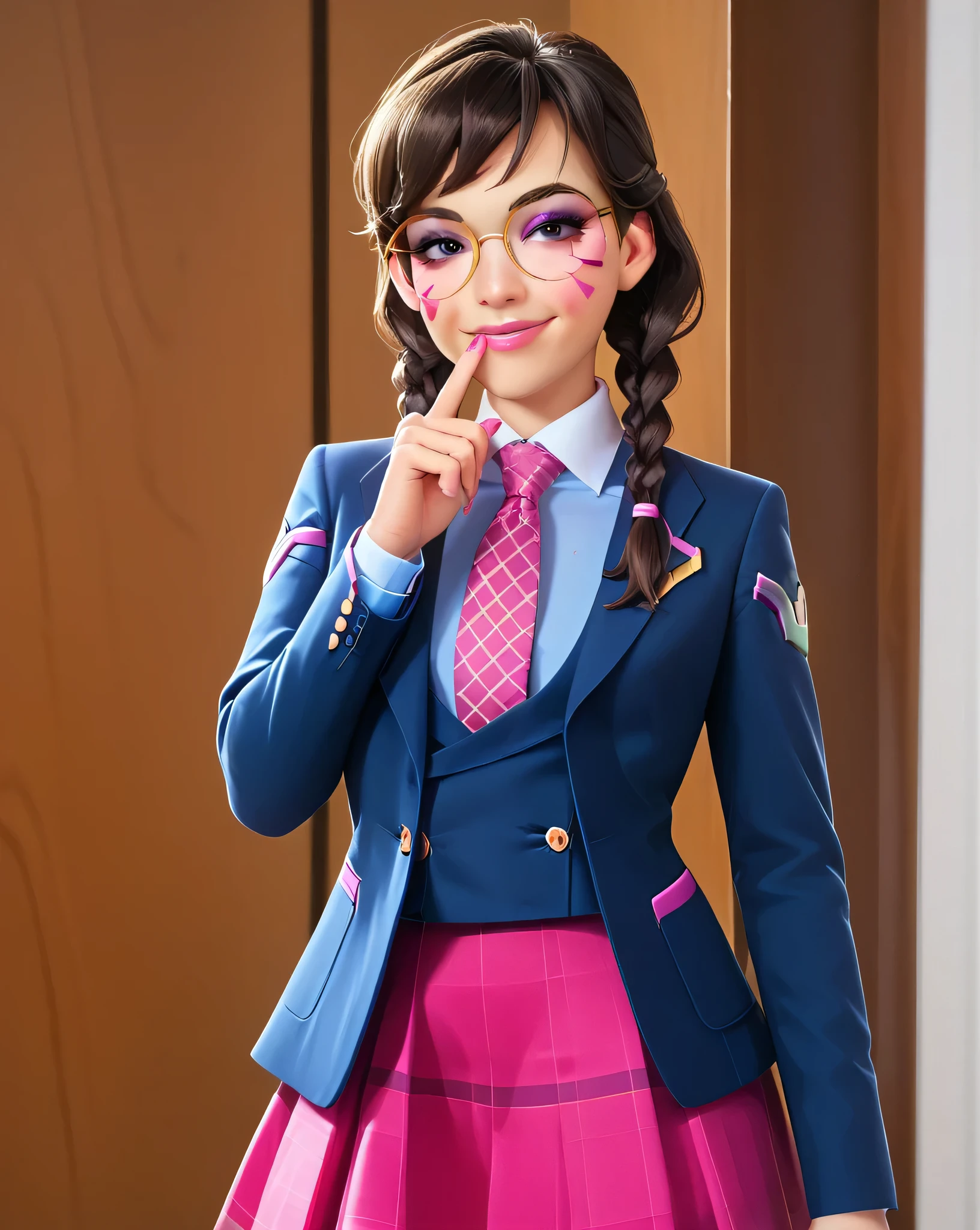 score_9, score_8_up, score_7_up,score_6_up, score_5_up, 2.5d, highly detailed,1girl, solo focus, medium shot , (three-piece suit), ((waistcoat)), suit jacket, blazer, open suit jacket academy dva, glasses , twin braids, classroom background, skirt, necktie, face markings, beautiful face, smile, smug, biting finger, bedroom eyes, adult, heavy makeup, pink nails, dark eyeshadow, mascara, pink lipstick, detailed eyes, blush, tie clip, skirt, pink whisker markings, eyeliner, glittery eyeshadow, blue shirt with white collar, large iris