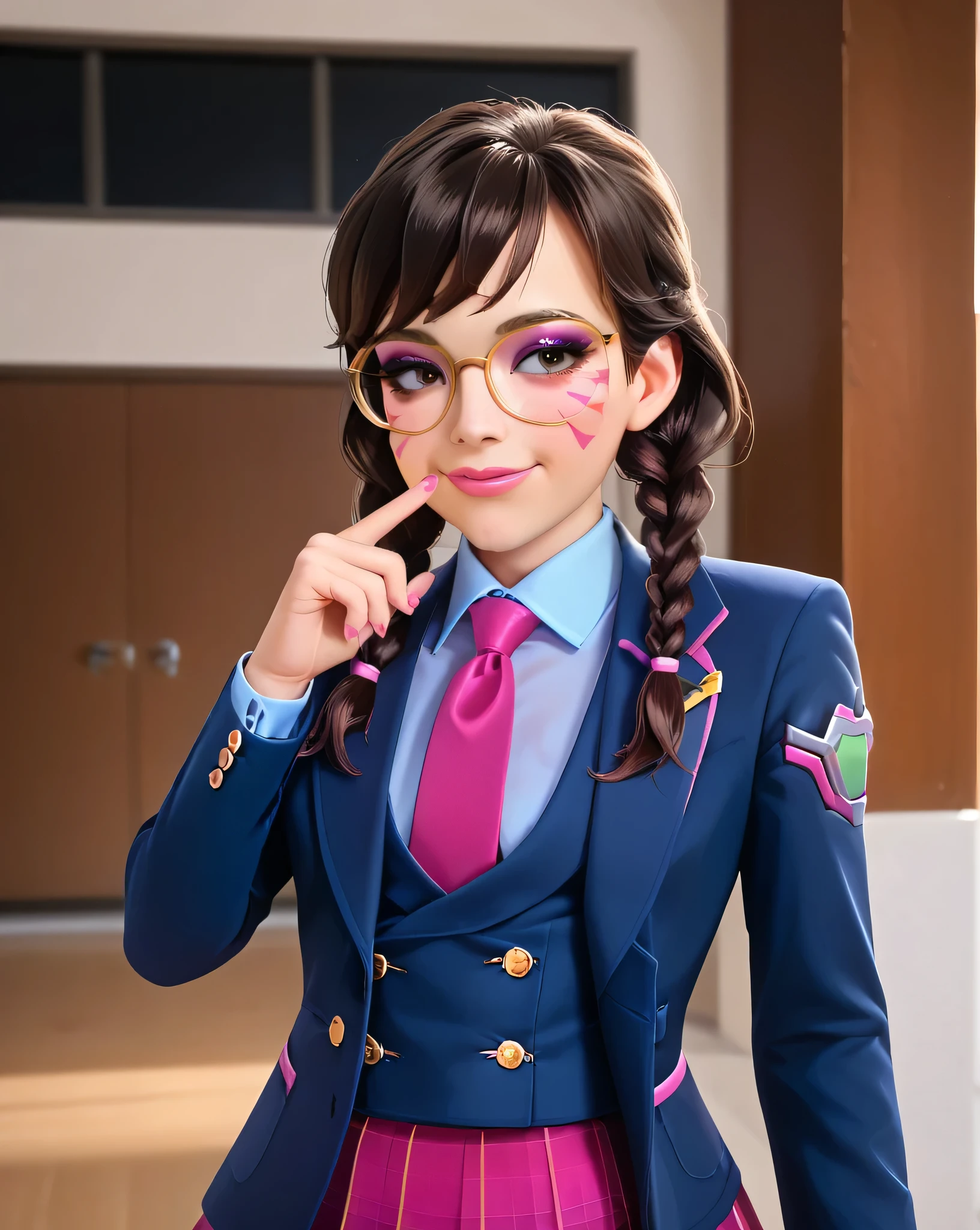 score_9, score_8_up, score_7_up,score_6_up, score_5_up, 2.5d, highly detailed,1girl, solo focus, medium shot , (three-piece suit), ((waistcoat)), suit jacket, blazer, open suit jacket academy dva, glasses , twin braids, classroom background, skirt, necktie, face markings, beautiful face, smile, smug, biting finger, bedroom eyes, adult, heavy makeup, pink nails, dark eyeshadow, mascara, pink lipstick, detailed eyes, blush, tie clip, skirt, pink whisker markings, eyeliner, glittery eyeshadow, blue shirt with white collar, large iris