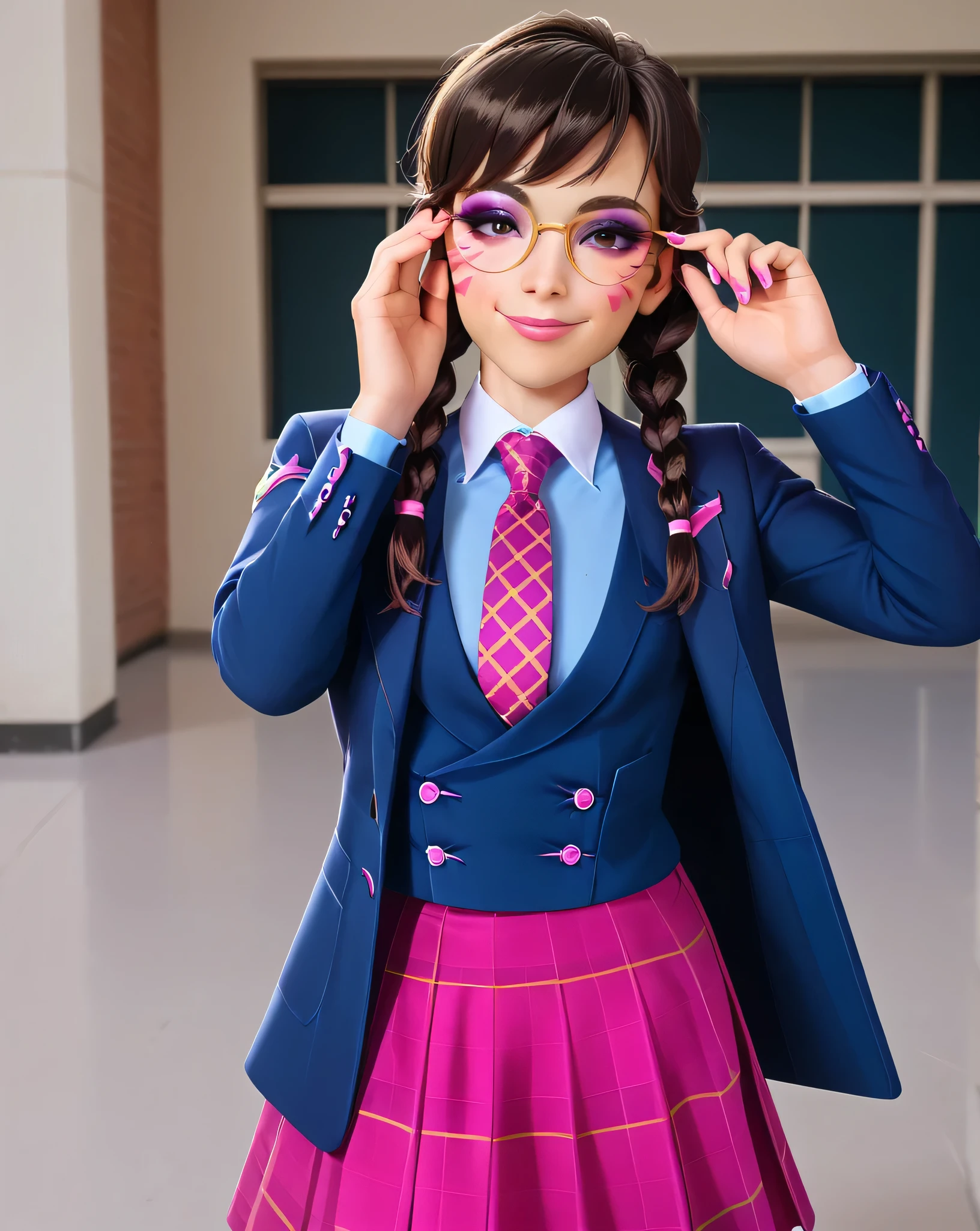 score_9, score_8_up, score_7_up,score_6_up, score_5_up, 2.5d, highly detailed,1girl, solo focus, medium shot , (three-piece suit), ((waistcoat)), suit jacket, blazer, open suit jacket academy dva, glasses , twin braids, classroom background, skirt, necktie, face markings, beautiful face, smile, smug, adjusting glasses, bedroom eyes, adult, heavy makeup, pink nails, dark eyeshadow, mascara, pink lipstick, detailed eyes, blush, tie clip, skirt, pink whisker markings, eyeliner, glittery eyeshadow, blue shirt with white collar, large iris