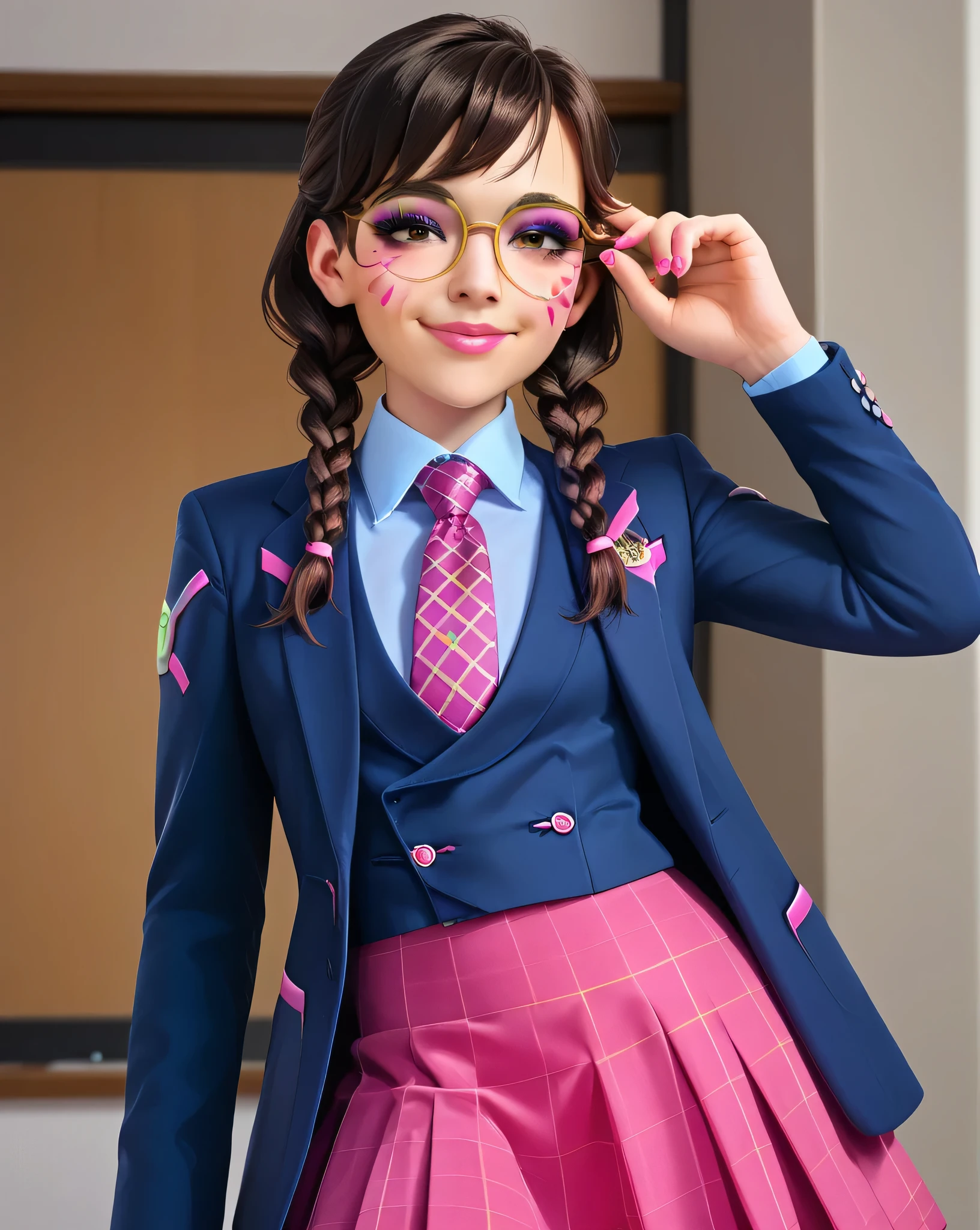 score_9, score_8_up, score_7_up,score_6_up, score_5_up, 2.5d, highly detailed,1girl, solo focus, medium shot , (three-piece suit), ((waistcoat)), suit jacket, blazer, open suit jacket academy dva, glasses , twin braids, classroom background, skirt, necktie, face markings, beautiful face, smile, smug, adjusting glasses, bedroom eyes, adult, heavy makeup, pink nails, dark eyeshadow, mascara, pink lipstick, detailed eyes, blush, tie clip, skirt, pink whisker markings, eyeliner, glittery eyeshadow, blue shirt with white collar, large iris