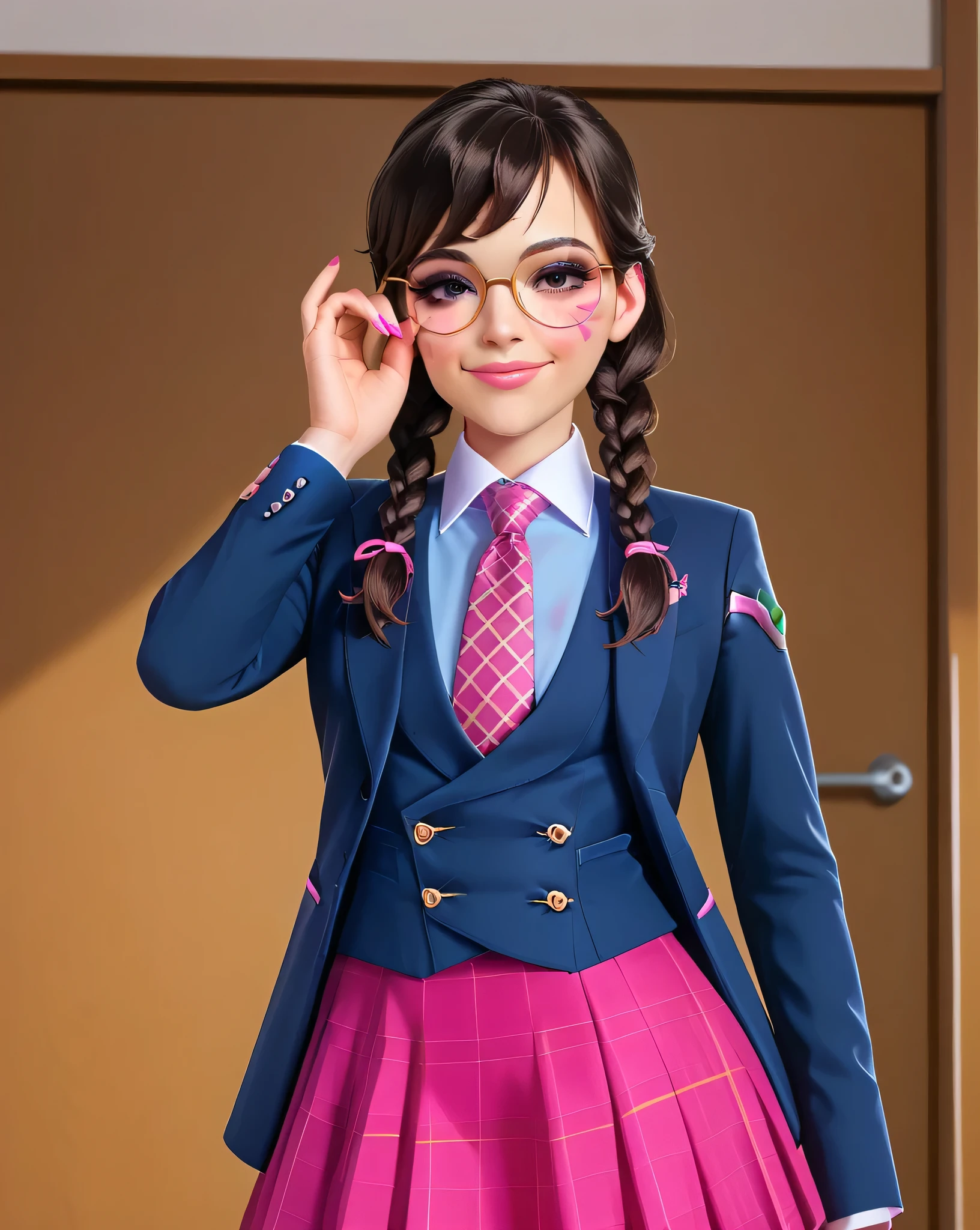 score_9, score_8_up, score_7_up,score_6_up, score_5_up, 2.5d, highly detailed,1girl, solo focus, medium shot , (three-piece suit), ((waistcoat)), suit jacket, blazer, open suit jacket academy dva, glasses , twin braids, classroom background, skirt, necktie, face markings, beautiful face, smile, smug, adjusting glasses, bedroom eyes, adult, heavy makeup, pink nails, dark eyeshadow, mascara, pink lipstick, detailed eyes, blush, tie clip, skirt, pink whisker markings, eyeliner, glittery eyeshadow, blue shirt with white collar, large iris, hand on hip