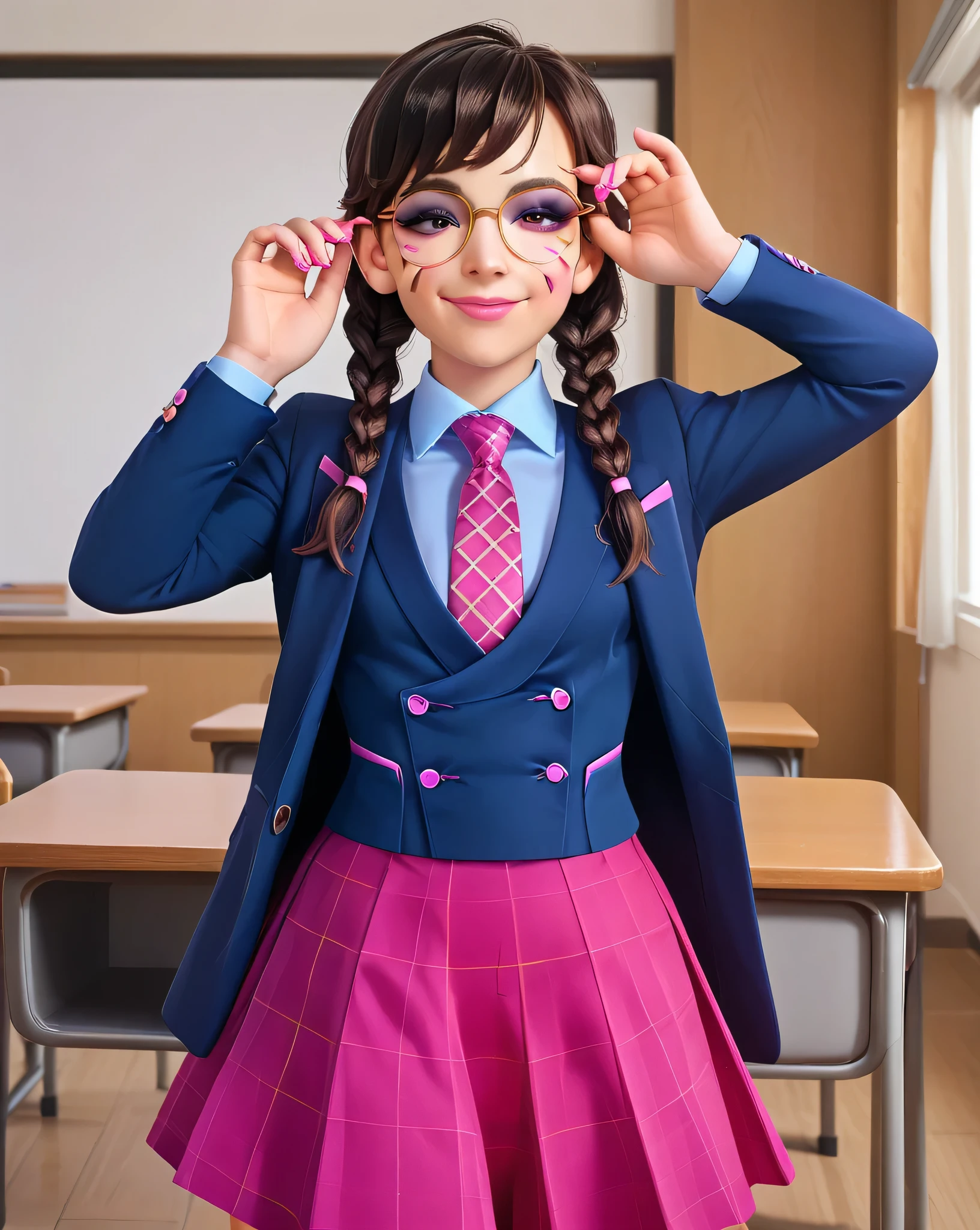 score_9, score_8_up, score_7_up,score_6_up, score_5_up, 2.5d, highly detailed,1girl, solo focus, medium shot , (three-piece suit), ((waistcoat)), suit jacket, blazer, open suit jacket academy dva, glasses , twin braids, classroom background, skirt, necktie, face markings, beautiful face, smile, smug, adjusting glasses, bedroom eyes, adult, heavy makeup, pink nails, dark eyeshadow, mascara, pink lipstick, detailed eyes, blush, tie clip, skirt, pink whisker markings, eyeliner, glittery eyeshadow, blue shirt with white collar, large iris, hand on hip