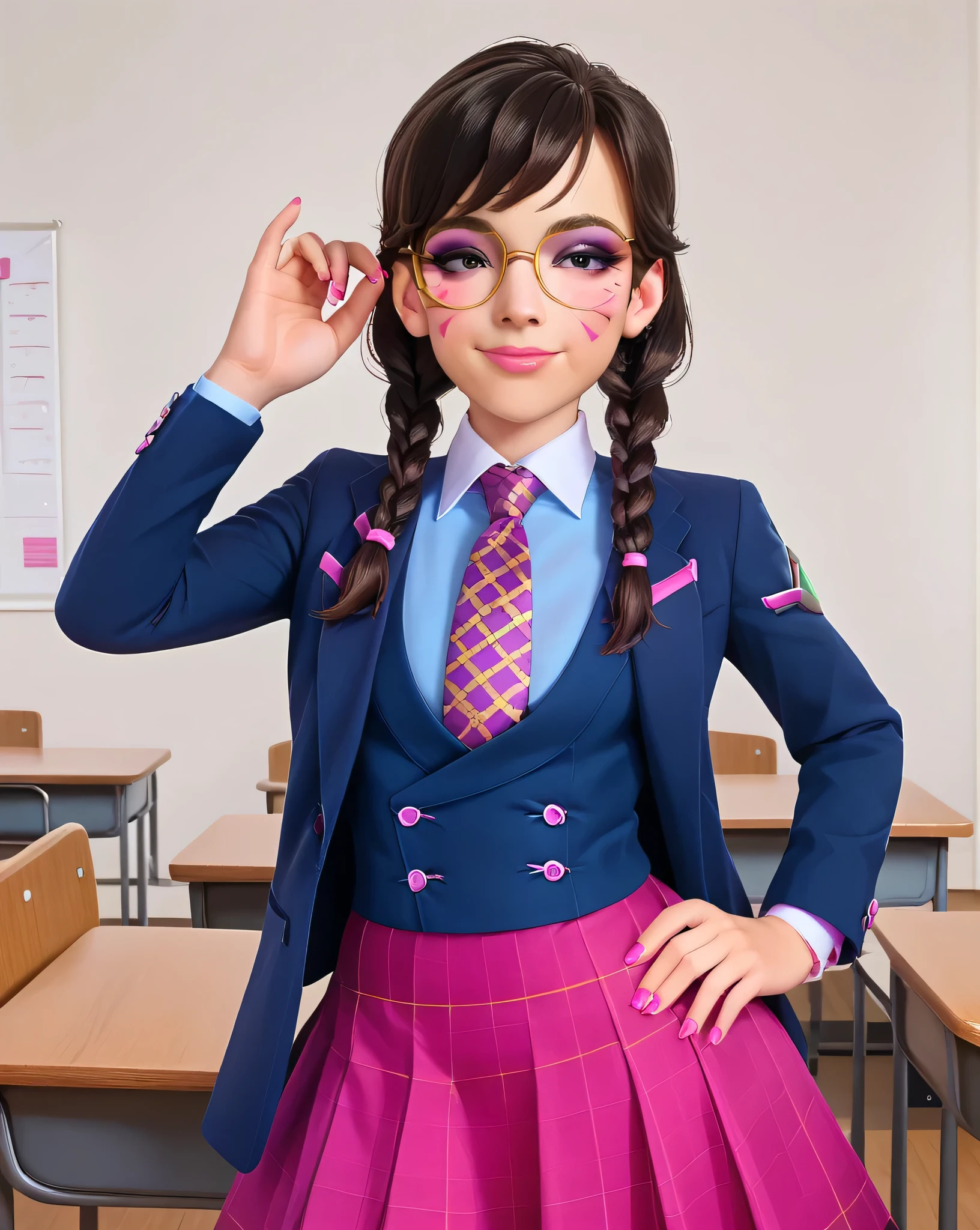 score_9, score_8_up, score_7_up,score_6_up, score_5_up, 2.5d, highly detailed,1girl, solo focus, medium shot , (three-piece suit), ((waistcoat)), suit jacket, blazer, open suit jacket academy dva, glasses , twin braids, classroom background, skirt, necktie, face markings, beautiful face, smile, smug, adjusting glasses, bedroom eyes, adult, heavy makeup, pink nails, dark eyeshadow, mascara, pink lipstick, detailed eyes, blush, tie clip, skirt, pink whisker markings, eyeliner, glittery eyeshadow, blue shirt with white collar, large iris, hand on waist