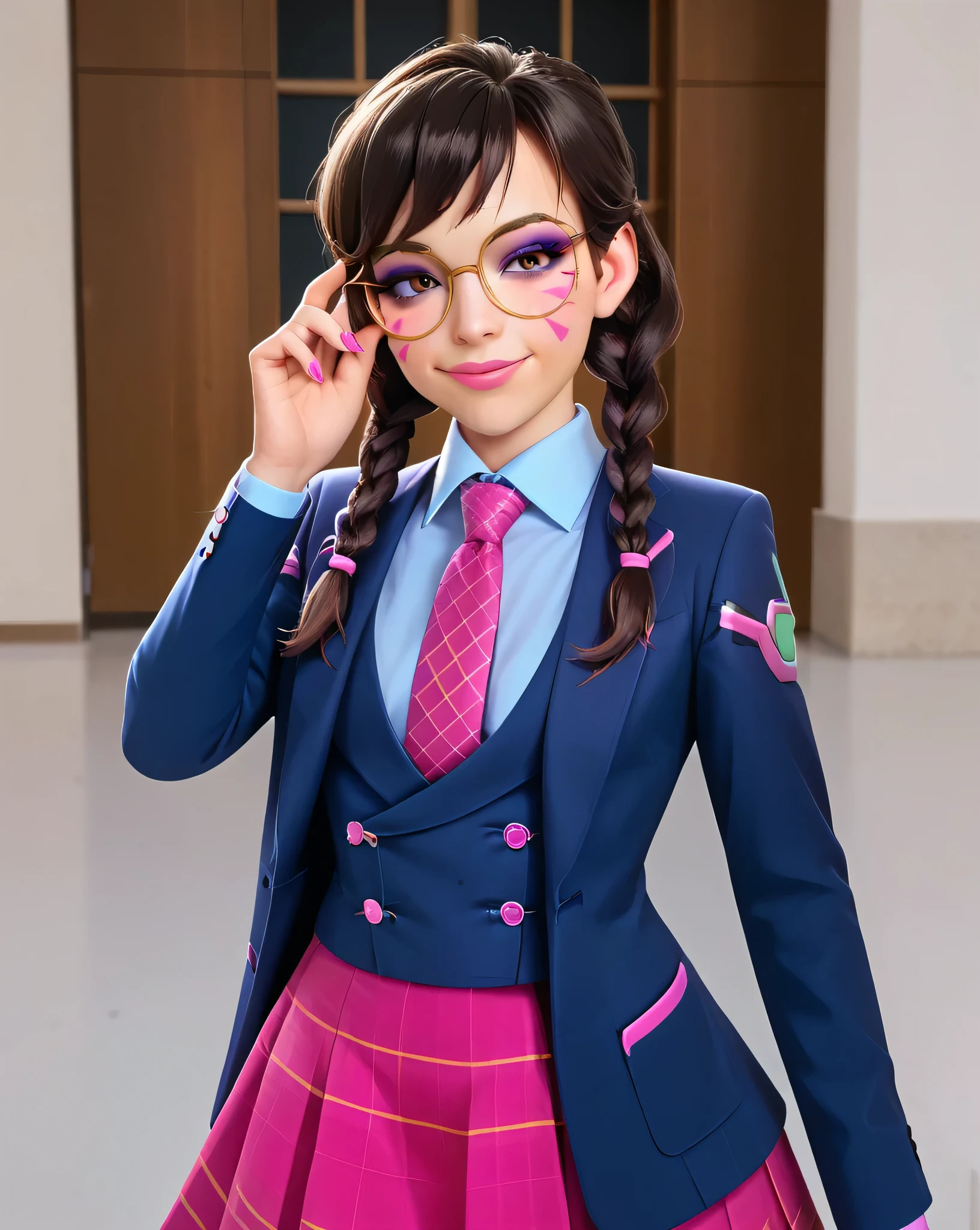 score_9, score_8_up, score_7_up,score_6_up, score_5_up, 2.5d, highly detailed,1girl, solo focus, medium shot , (three-piece suit), ((waistcoat)), suit jacket, blazer, open suit jacket academy dva, glasses , twin braids, classroom background, skirt, necktie, face markings, beautiful face, smile, smug, adjusting glasses, bedroom eyes, adult, heavy makeup, pink nails, dark eyeshadow, mascara, pink lipstick, detailed eyes, blush, tie clip, skirt, pink whisker markings, eyeliner, glittery eyeshadow, blue shirt with white collar, large iris, hand on waist