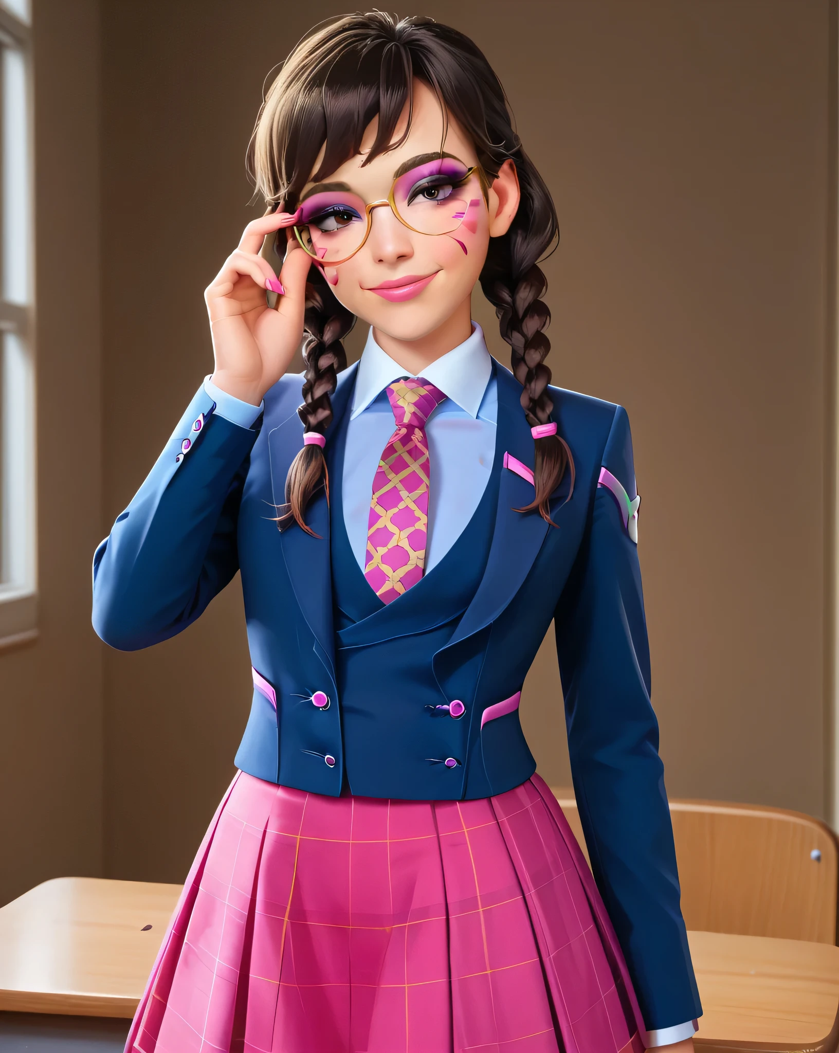 score_9, score_8_up, score_7_up,score_6_up, score_5_up, 2.5d, highly detailed,1girl, solo focus, medium shot , (three-piece suit), ((waistcoat)), suit jacket, blazer, open suit jacket academy dva, glasses , twin braids, classroom background, skirt, necktie, face markings, beautiful face, smile, smug, adjusting glasses, bedroom eyes, adult, heavy makeup, pink nails, dark eyeshadow, mascara, pink lipstick, detailed eyes, blush, tie clip, skirt, pink whisker markings, eyeliner, glittery eyeshadow, blue shirt with white collar, large iris, hand on waist