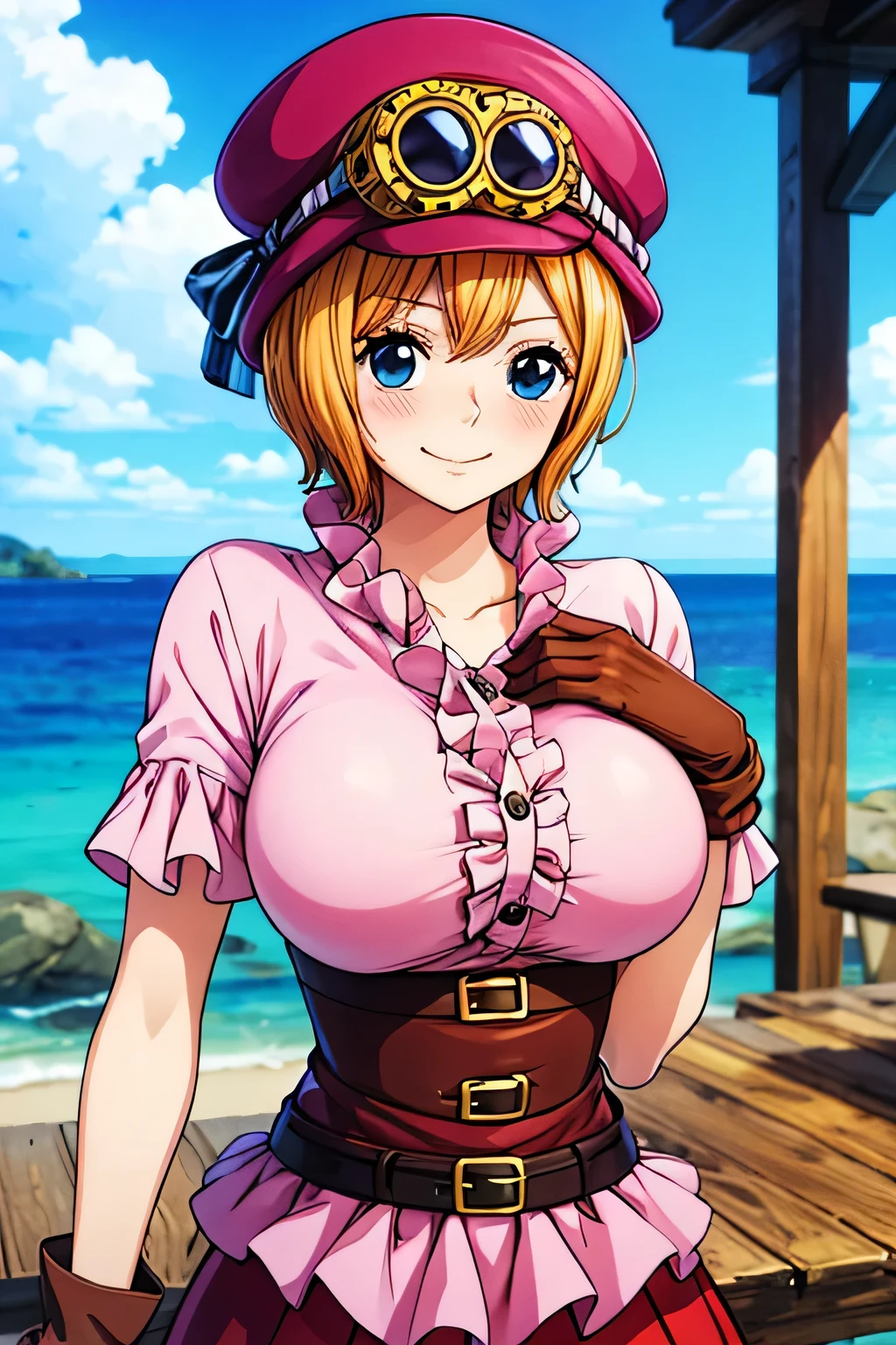 master piece, best quality, 8k, ultra high resolution, highest quality, anime style, best writing, beautiful face, masterpiece、breast squeeze, high resolution、Super detailed、koala \(one piece\)、hat、Cabbie hat、Hat and goggles、short hair、blue eyes、big breasts、shirt、Frill shirt、pink shirt、gloves、brown gloves、belt、skirt、Red skirt、Frill skirt、outdoor, deserted island, There are a few private houses、(upper body:1.3)、best smile、blush,