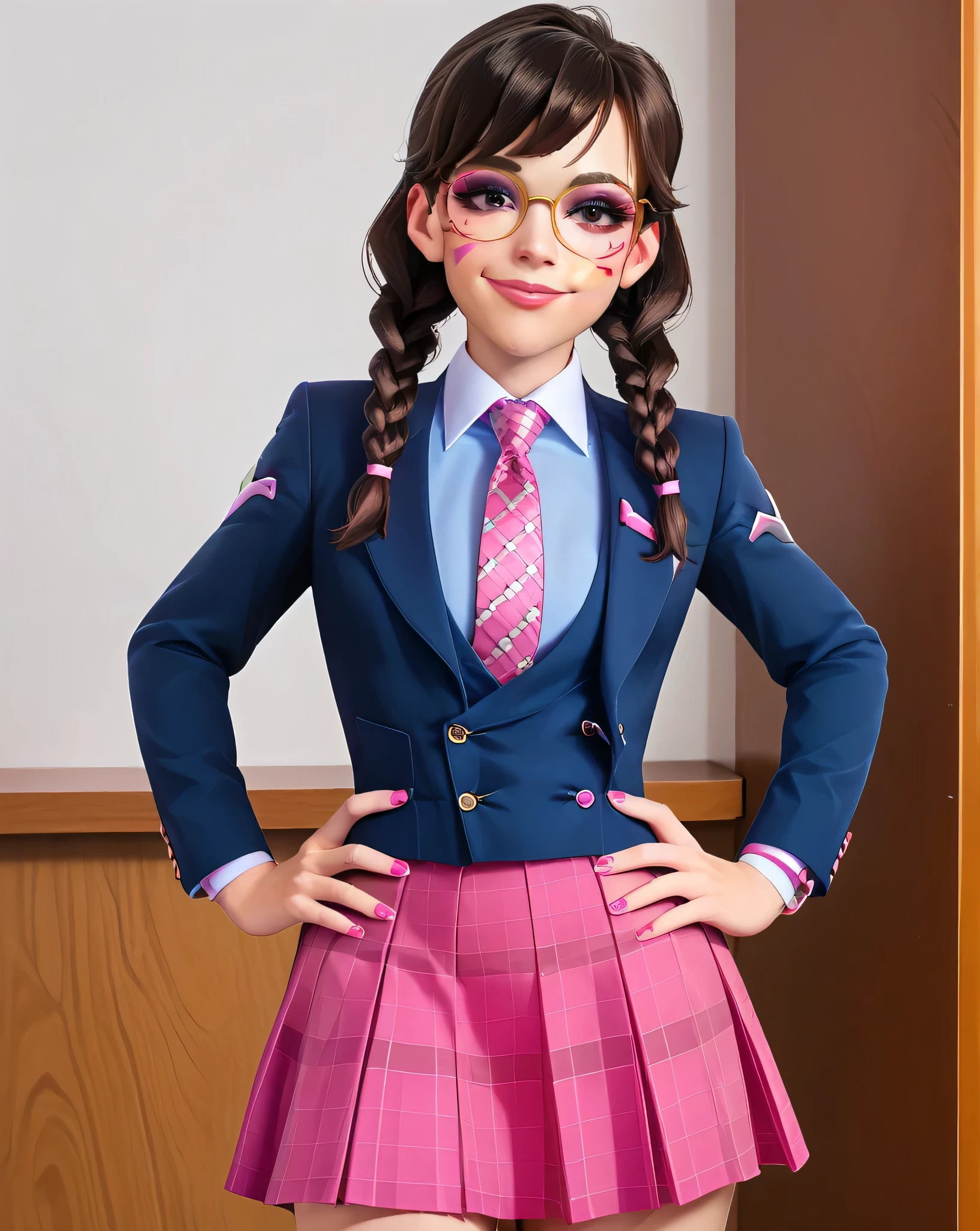 score_9, score_8_up, score_7_up,score_6_up, score_5_up, 2.5d, highly detailed,1girl, solo focus, medium shot , (three-piece suit), ((waistcoat)), suit jacket, blazer, open suit jacket academy dva, glasses , twin braids, classroom background, skirt, necktie, face markings, beautiful face, smile, smug, hands on hips, adult, heavy makeup, pink nails, dark eyeshadow, mascara, pink lipstick, detailed eyes, blush, tie clip, skirt, pink whisker markings, eyeliner, glittery eyeshadow, blue shirt with white collar, large iris, miniskirt, thighs