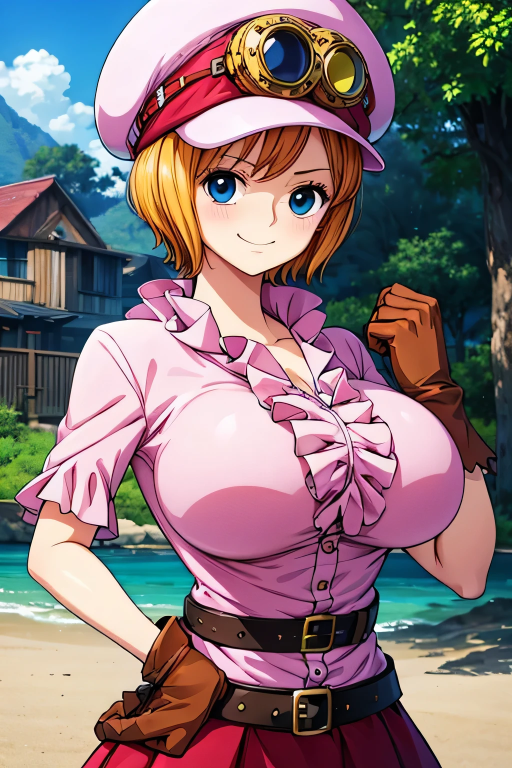 master piece, best quality, 8k, ultra high resolution, highest quality, anime style, best writing, beautiful face, masterpiece、breast squeeze, high resolution、Super detailed、koala \(one piece\)、hat、Cabbie hat、Hat and goggles、short hair、blue eyes、big breasts、hands on breast, shirt、Frill shirt、pink shirt、gloves、brown gloves、belt、skirt、Red skirt、Frill skirt、outdoor, deserted island, There are a few private houses、(upper body:1.3)、best smile、blush,