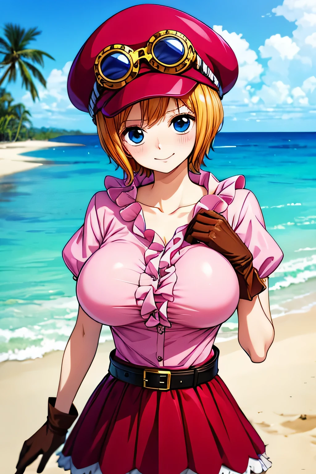 master piece, best quality, 8k, ultra high resolution, highest quality, anime style, best writing, beautiful face, masterpiece、breast squeeze, high resolution、Super detailed、koala \(one piece\)、hat、Cabbie hat、Hat and goggles、short hair、blue eyes、big breasts、hands on breast, shirt、Frill shirt、pink shirt、gloves、brown gloves、belt、skirt、Red skirt、Frill skirt、outdoor, deserted island, There are a few private houses、(upper body:1.3)、best smile、blush,