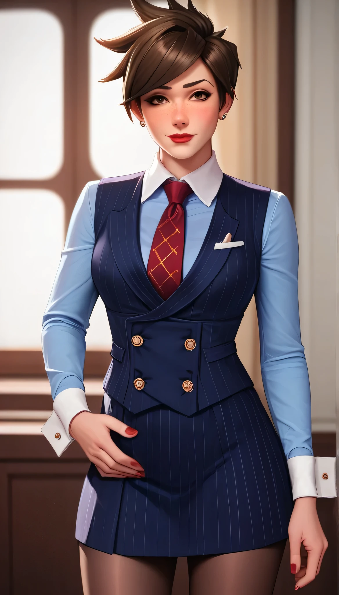 score_9, score_8_up, score_7_up, score_6_up, source_anime,  three-piece suit, tracer, 1girl, solo, brown hair, short hair, freckles, smile, pretty, formal, jewelry, earrings, shirt, standing, window, watch, wristwatch, red lips, ((navy pinstripe skirt)), makeup, black pantyhose, cufflinks,, brown eyes,,High Resolution, Blush, score_9, score_8_up, score_7_up, source_anime, hi res, masterpiece, best quality, highres, three-piece suit, 1girl, buttons, collared shirt, ((navy pinstripe vest)), long sleeves, lips, upper body, looking at viewer, blue shirt with white collar, white shirt collar, red silk necktie, red nails, red lipstick, long shirt sleeves, vest lapels, waistcoat, white cuffs, cufflinks, skirt, blue shirt sleeves, sleeveless jacket