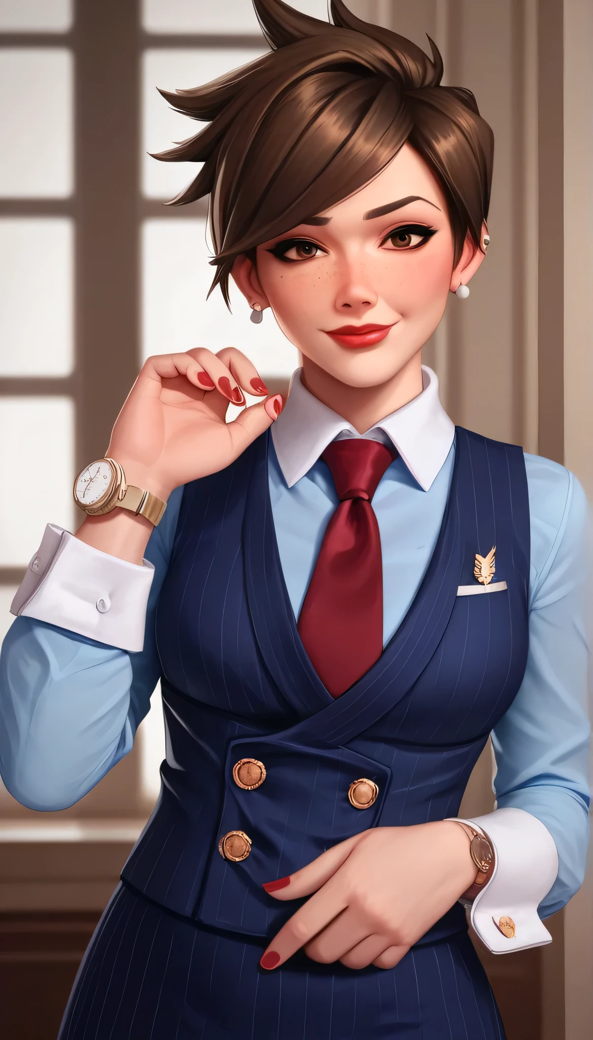 score_9, score_8_up, score_7_up, score_6_up, source_anime,  three-piece suit, tracer, 1girl, solo, brown hair, short hair, freckles, smile, pretty, formal, jewelry, earrings, shirt, standing, window, watch, wristwatch, red lips, ((navy pinstripe skirt)), makeup, black pantyhose, cufflinks,, brown eyes,,High Resolution, Blush, score_9, score_8_up, score_7_up, source_anime, hi res, masterpiece, best quality, highres, three-piece suit, 1girl, buttons, collared shirt, ((navy pinstripe vest)), long sleeves, lips, upper body, looking at viewer, blue shirt with white collar, white shirt collar, red silk necktie, red nails, red lipstick, long shirt sleeves, vest lapels, waistcoat, white cuffs, cufflinks, skirt, blue shirt sleeves, sleeveless jacket