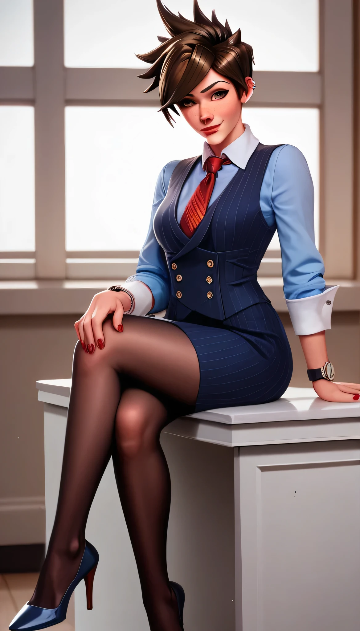 score_9, score_8_up, score_7_up, score_6_up, source_anime,  three-piece suit, tracer, 1girl, solo, brown hair, short hair, freckles, smile, pretty, formal, jewelry, earrings, shirt, sitting on desk, high heels, window, watch, wristwatch, red lips, ((navy pinstripe skirt)), makeup, black pantyhose, cufflinks,, brown eyes,,High Resolution, Blush, score_9, score_8_up, score_7_up, source_anime, hi res, masterpiece, best quality, highres, three-piece suit, 1girl, buttons, collared shirt, ((navy pinstripe vest)), long sleeves, lips, upper body, looking at viewer, blue shirt with white collar, white shirt collar, red silk necktie, red nails, red lipstick, long shirt sleeves, vest lapels, waistcoat, white cuffs, cufflinks, skirt, blue shirt sleeves, sleeveless jacket