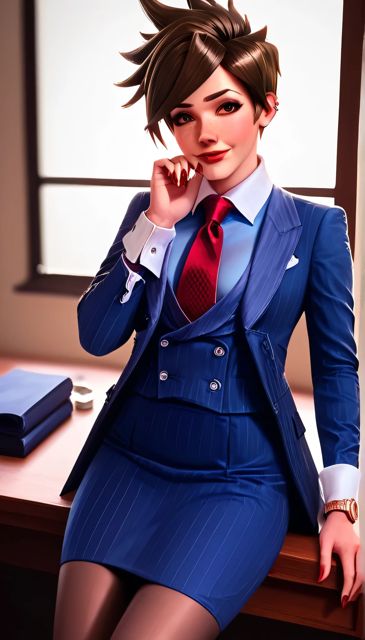 score_9, score_8_up, score_7_up, score_6_up, source_anime,  three-piece suit, tracer, 1girl, solo, brown hair, short hair, freckles, smile, pretty, formal, jewelry, earrings, shirt, sitting on desk, high heels, window, watch, wristwatch, red lips, ((navy pinstripe skirt)), makeup, black pantyhose, cufflinks,, brown eyes,,High Resolution, Blush, score_9, score_8_up, score_7_up, source_anime, hi res, masterpiece, best quality, highres, three-piece suit, 1girl, buttons, collared shirt, ((navy pinstripe vest)), long sleeves, lips, upper body, looking at viewer, blue shirt with white collar, white shirt collar, red silk necktie, red nails, red lipstick, long shirt sleeves, vest lapels, waistcoat, white cuffs, cufflinks, skirt, blue shirt sleeves, sleeveless jacket, pinching necktie