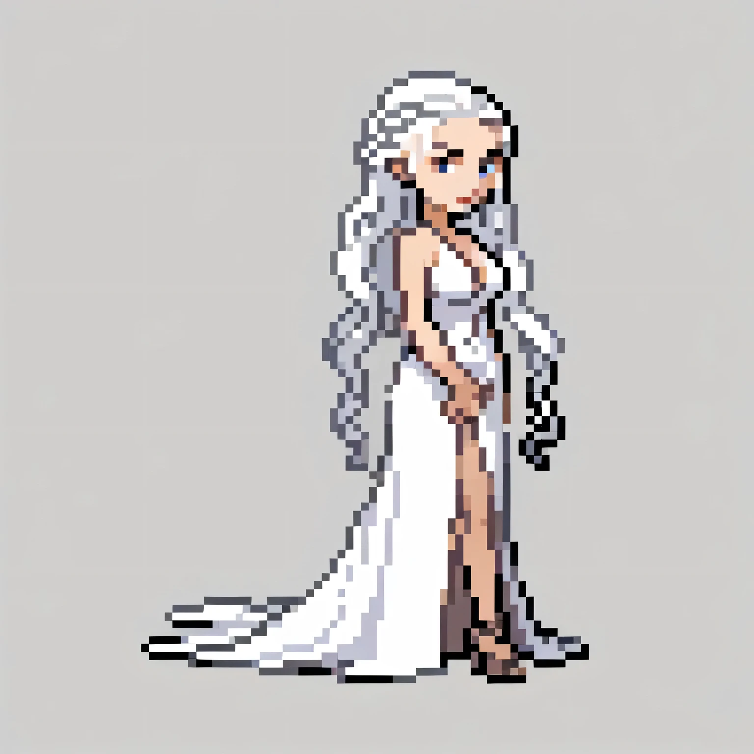 Daenerys Targaryen from Game of Thrones posing seductively, silver braided hair. white gown, big breasts, simple background