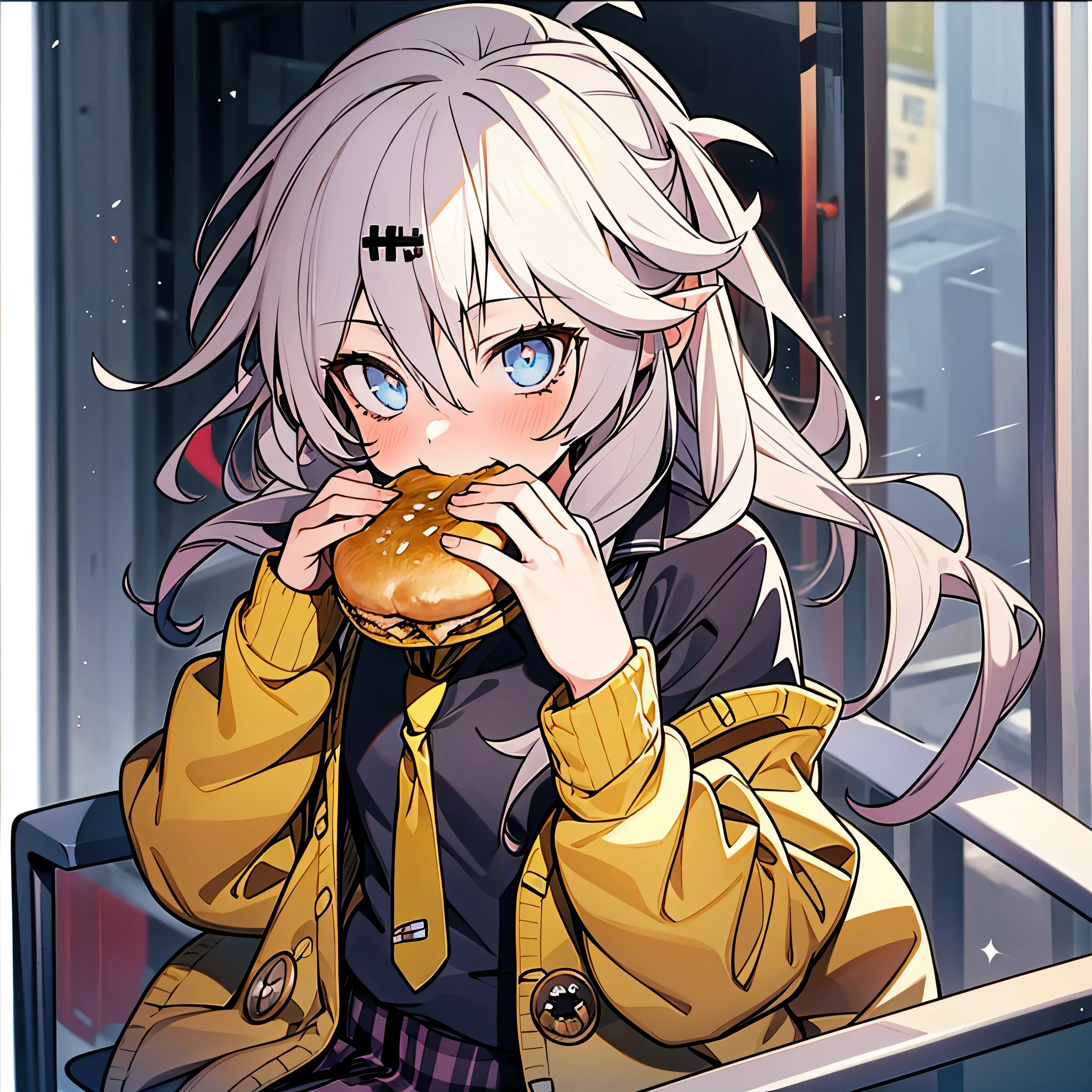 masterpiece, Best Quality, Perfect Face, Highest Resolution, Best Quality,Detailed depiction of the eyes, 8k, kasukabe tsumugi, One Girl, Black shirt, Yellow tie, Yellow cardigan, plaid skirt, bustling street, Eating bread,