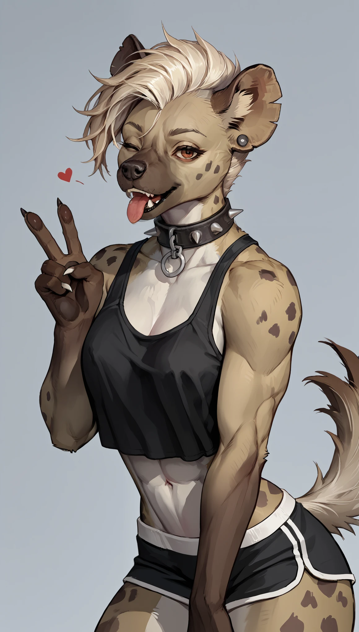 Solo, score_9,score_8_up,score_7_up, style, flat colors, source_furry, a young female spotted hyena, brown snout, black nose, brown eyes, short spiked undercut platinum blonde hair, black lips, brown hyena tail, brown hyena ears, naked, small breasts, feminine hourglass figure, grinning, sharp canine teeth, portrait, naked, front view, grinning, clenched teeth, close up, smiling, hands up, five fingers, side view