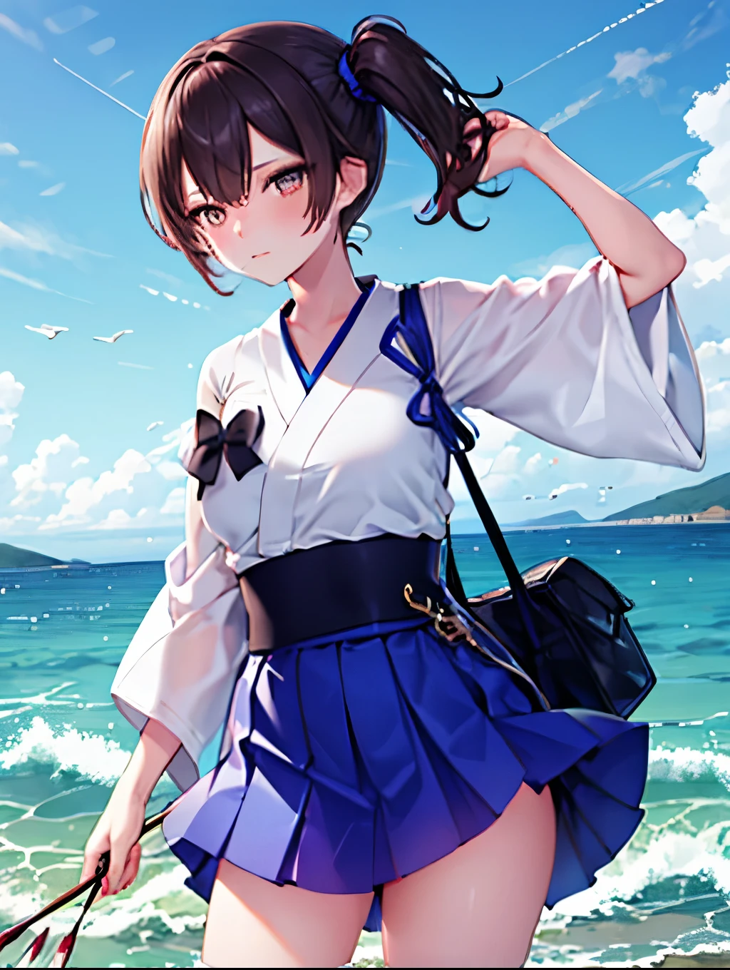 masterpiece, best quality, integrated scenery, integrated background, extremely delicate and beautiful, meticulous details, good composition, , cute face, perfect face, perfect hands, Kaga(Fleet Collection),highest quality, masterpiece, High resolution,kimono,blue skirt,side ponytail,big_breasts,solo,Japanese_bow&arrow,dynamic_posing,half_eyes,solo,plump,sea_landscape_background,waves