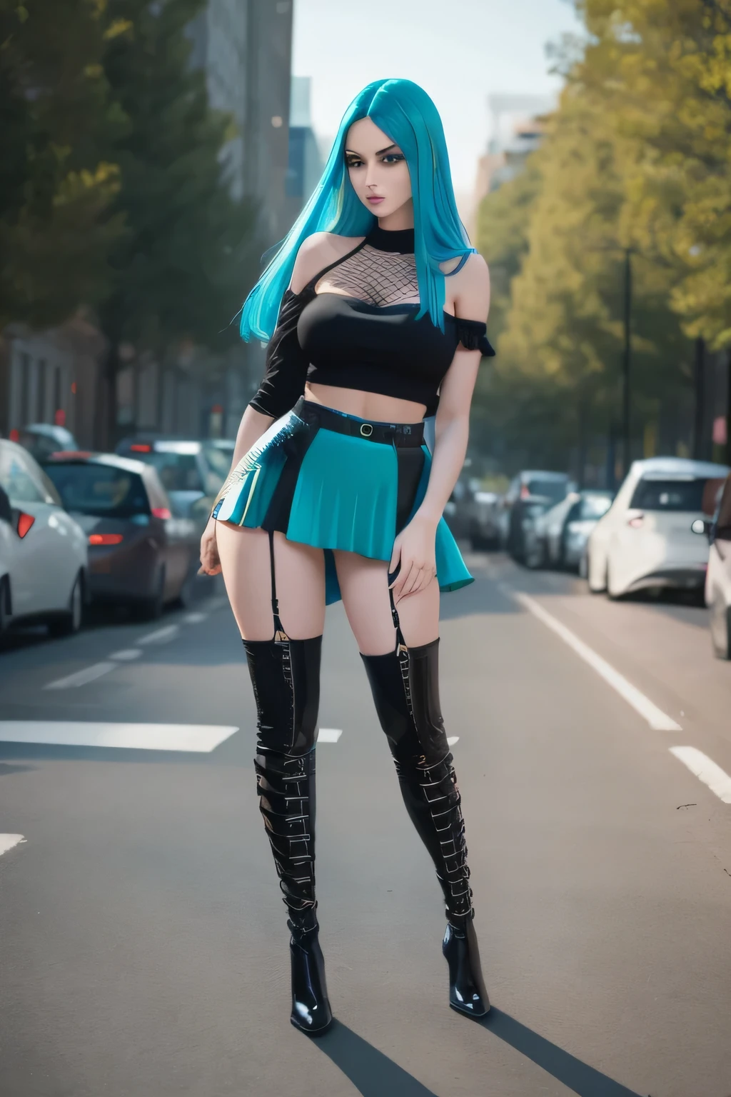 Sexy tall 180cm. gothic girl with round face and straight hair with turquoise streaks., with a tight black blouse with clearly defined hips and a black mini skirt, fishnet stockings with high boots long legs and thighs