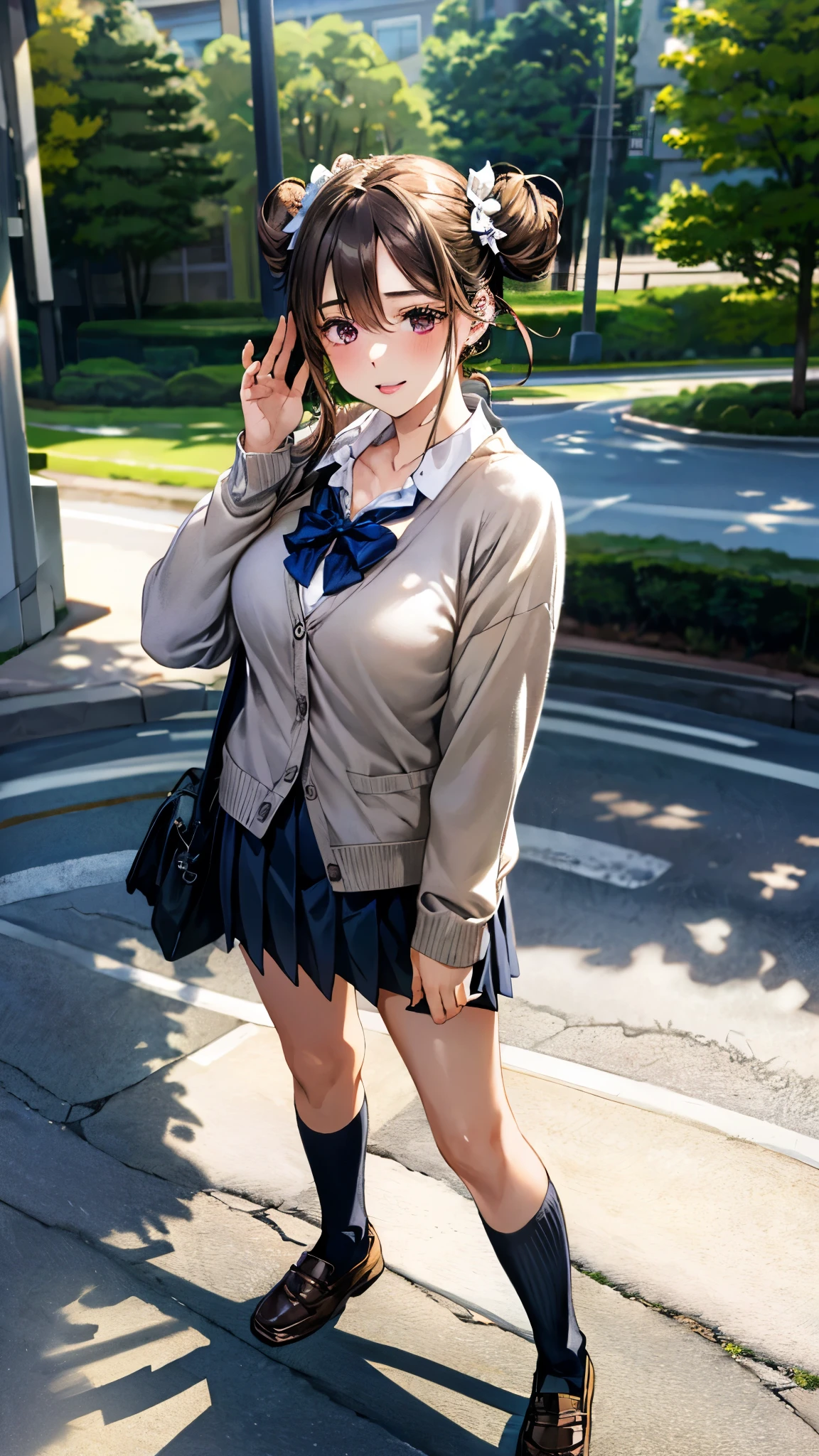 (masterpiece, highest quality, High resolution, 超High resolution, Perfect Pixel, Written boundary depth, 8k, About RTTX10.0), (One Woman:1.3), Cinema Lighting, Best Shadow, The best natural light, Cinematic, ((Smooth texture:0.75, Realistic texture:0.5, Anime CG Style)), Beautiful Anime Women, Beautiful art style, Anime characters, (One Womanは両足を閉じてかわいくジャンプしている:1.4), ((Detailed face:1.2)), (Brown Hair, Side Ponytail), Beautiful breasts, Slender body,Beautiful thighs, (Brown cardigan, White shirt, Checked skirt, Navy blue socks, Red ribbon at collar:1.2), (Her skirt flipped up from the force of her jump:1.3), (A perfect skirt of uniform length:1.4), (Light blue side-tie satin lace panties:1.3), (smile), (Schoolyard, Many people in the background々:1.3), Manga Design, Exact number of legs, Perfect Anatomy,Strong winds