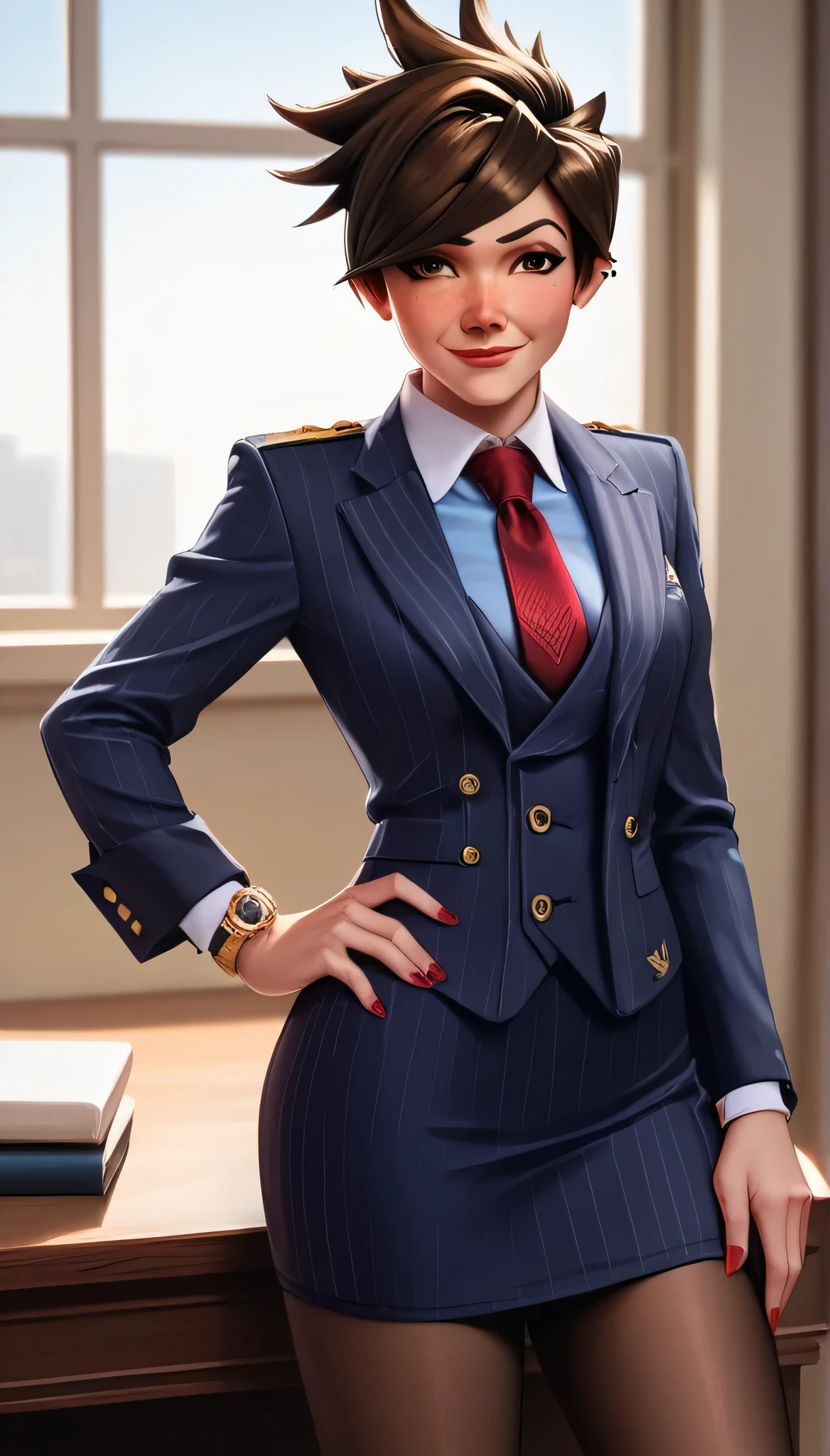 score_9, score_8_up, score_7_up, score_6_up, source_anime,  three-piece suit, tracer, 1girl, solo, brown hair, short hair, freckles, smile, pretty, formal, jewelry, navy pinstripe suit, red silk necktie, earrings, jacket, shirt, standing, hand on hip, window, black eyes, watch, navy pinstripe jacket, wristwatch, light blue shirt with white collar, red lips, navy pinstripe skirt, makeup, black pantyhose, cufflinks, black lapel trim, brown eyes, red nails,High Resolution, Blush, hand on desk, 