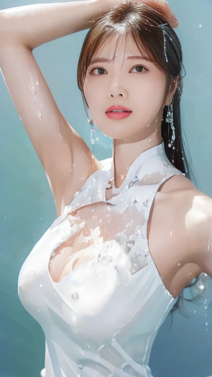 Woman in white dress with a lot of water on her face, Larisa Manovar, Gorgeous Chinese Model, Beautiful Korean Women, Gorgeous Young Korean Woman, Yanjun Chent, Smooth white skin in tight clothing, By Russell Dongjun Lu, Shiny and dripping, Smooth and clear white skin, Wearing a wet white short dress, Beautiful young Korean woman