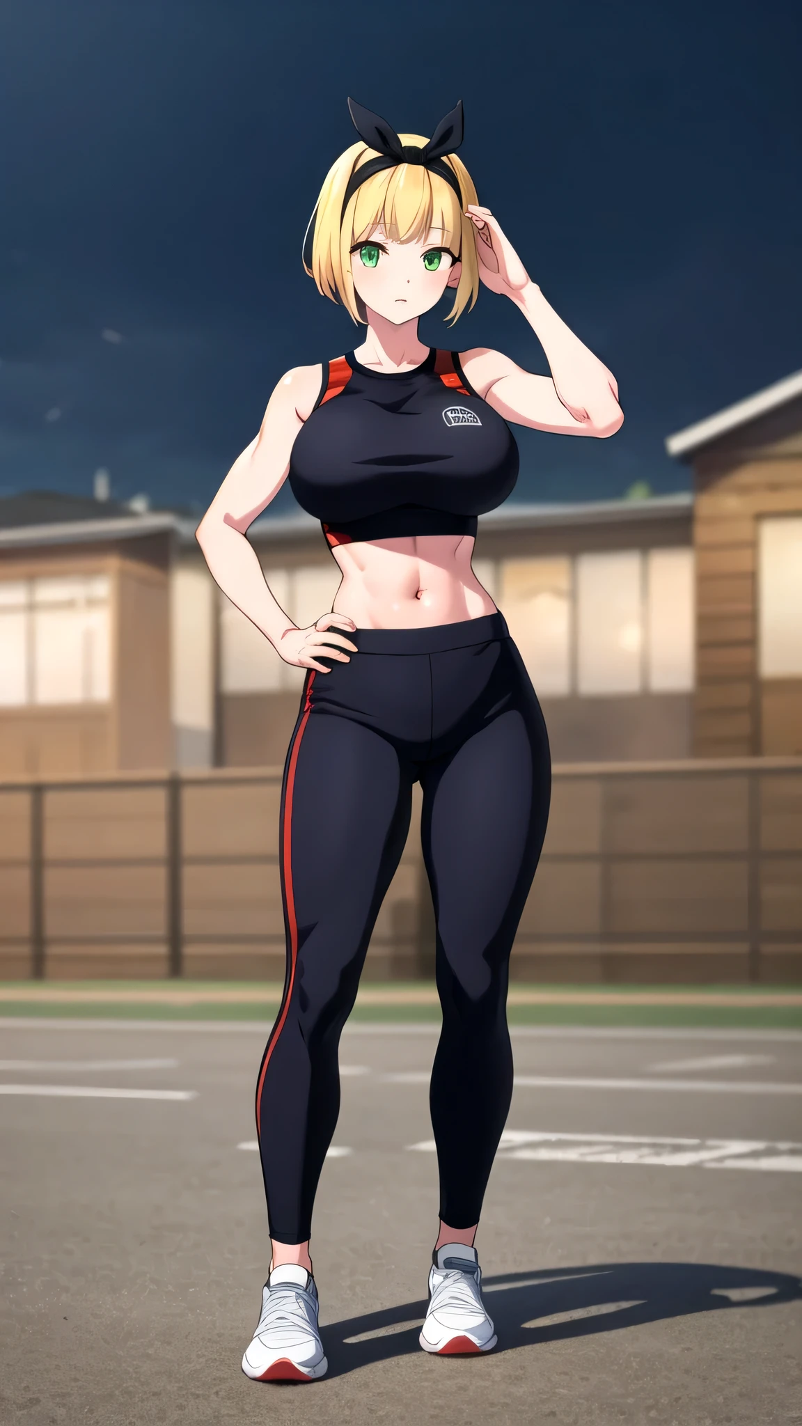 masterpiece, best quality, outdoors, Hands down, black sky background, (uniform), fitness clothes, crop top, gym pants, Shushu Suruga, 1girl,  yellow hair, green eyes, looking at viewer, short hair, large breasts, hairband, bangs, (full body, short, front), idle,