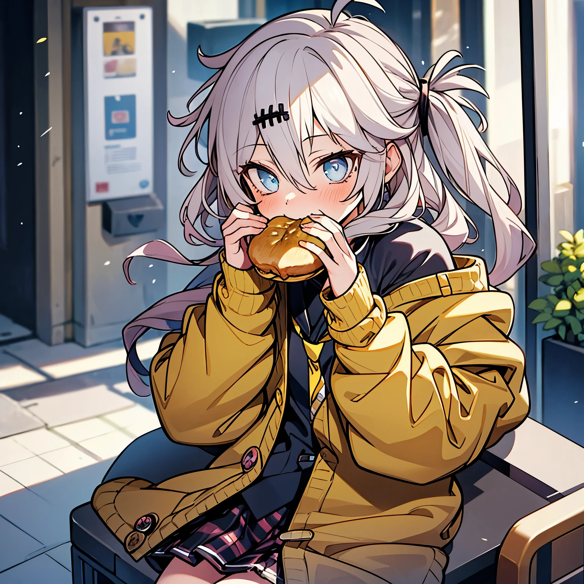 masterpiece, Best Quality, Perfect Face, Highest Resolution, Best Quality,Detailed depiction of the eyes, 8k, kasukabe tsumugi, One Girl, Black shirt, Yellow tie, Yellow cardigan, plaid skirt, bustling street, Eating bread,