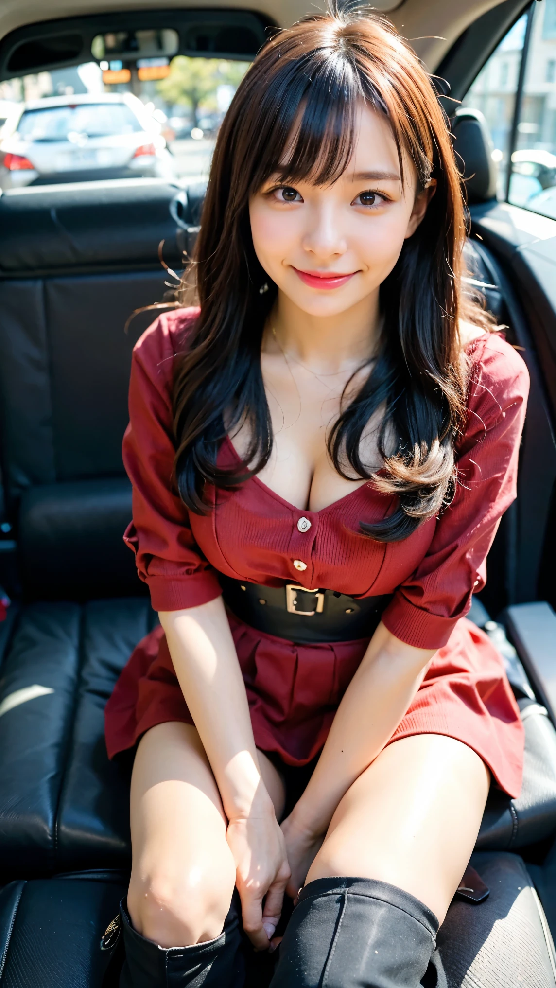 (8k、RAW Photos、highest quality、masterpiece:1.2)、(Realistic、Realistic)、1 girl、((smile、Ribbon on chest、Red and black dresini skirt、boots、Large Breasts、View from the front、in a car、Spotlight、cat on the shoulder, Belly button、Semi-long hair、Sitting down))、Lots of eyelashes、Glowing eyelids、skeletally correct