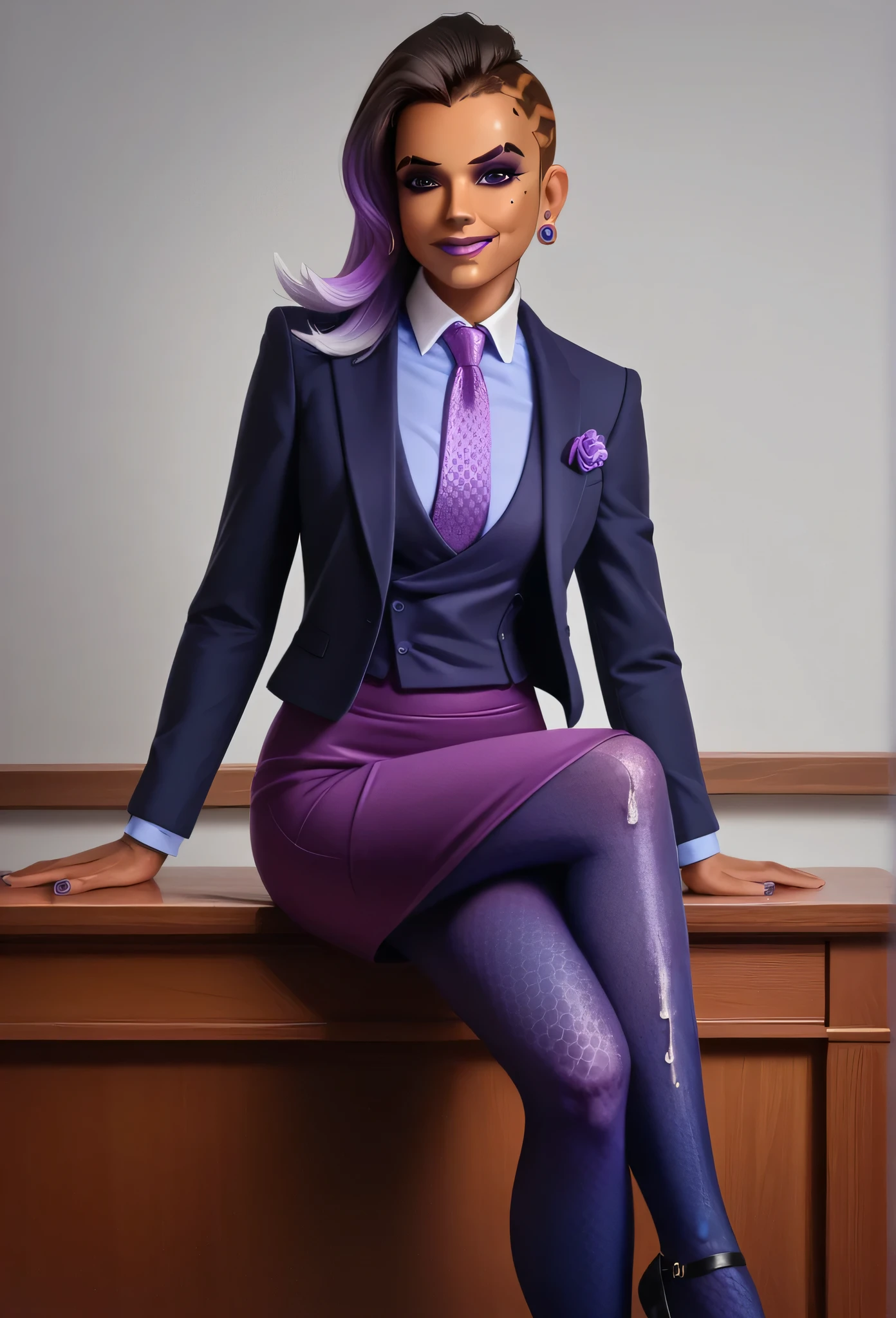 score_9, score_8_up, score_7_up, score_6_up, score_5_up, score_4_up, 3d,
owsombra, smirk, three-piece suit, ((waistcoat)), purple skirt suit, dress shirt, purple necktie, blazer, suit jacket, bodycon pencil skirt, (lilac shirt with white collar), white shirt collar, contrast collar, suit trim, makeup, lipstick, high heels, black pantyhose, sitting on desk, hand on knee, elegant, cheeky, crossed legs, adjusting necktie, hexagon pattern, cum on face, cum on legs