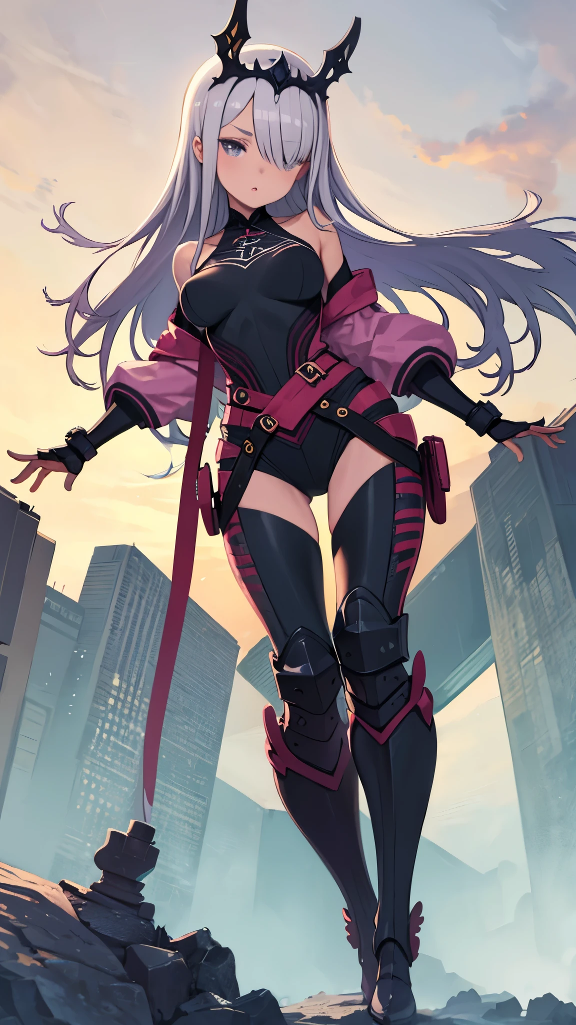masterpiece, best quality, integrated scenery, integrated background, extremely delicate and beautiful, meticulous details, good composition, , cute face, perfect face, perfect hands, fantasy, 1girl,_teen,lver_hair, long_hair, long_bangs, bare_shoulder,thighhighs,silver_armor, waist_armor, large_breasts,half_eyes,floating, bare_crotch, headgear,gauntlet, greaves,city_background,slightly_spread_legs, solo, groin_naked,hair_over_one_eye, lean back