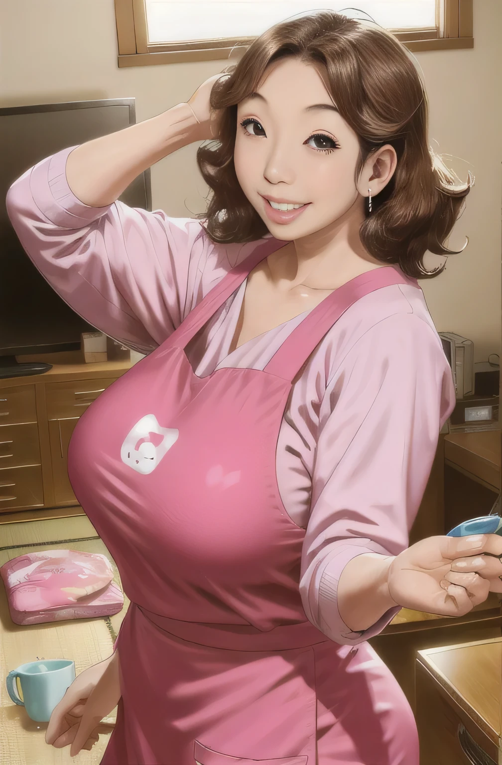 4. Japanese women，Voluptuous figure，Brown curly hair，Big Eyes，smile，Slight wrinkles around the eyes，Pink Apron，Put your hands behind your back，Messy room，living room