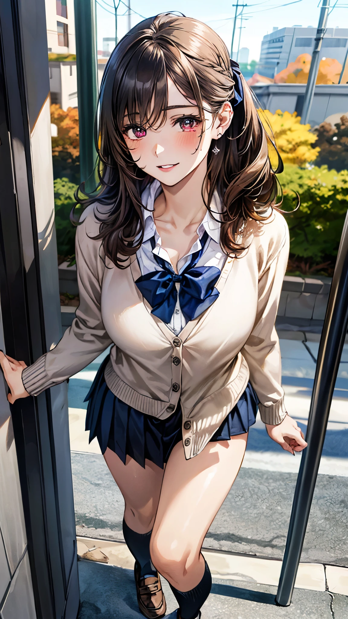 (masterpiece:1.2, top-quality), (realistic, photorealistic:1.4), beautiful illustration, (natural side lighting, movie lighting), 
looking at viewer, cowboy shot, front view:0.6, 1 girl, japanese, high school girl, perfect face, cute and symmetrical face, shiny skin, 
(long hair:1.4, half updo:1.5, light brown hair), hair between eye, dark brown eyes, long eye lasher, (large breasts:0.6, seductive thighs), 
beautiful hair, beautiful face, beautiful detailed eyes, beautiful clavicle, beautiful body, beautiful chest, beautiful thigh, beautiful legs, beautiful fingers, big breasts, enhance breasts, busty, cleavage, 
((white collared shirts, navy pleated miniskirt, navy tie, white cardigan)), pink panties, school bag, 
(beautiful scenery), evening, riverside, walking, (lovely smile, upper eyes), 