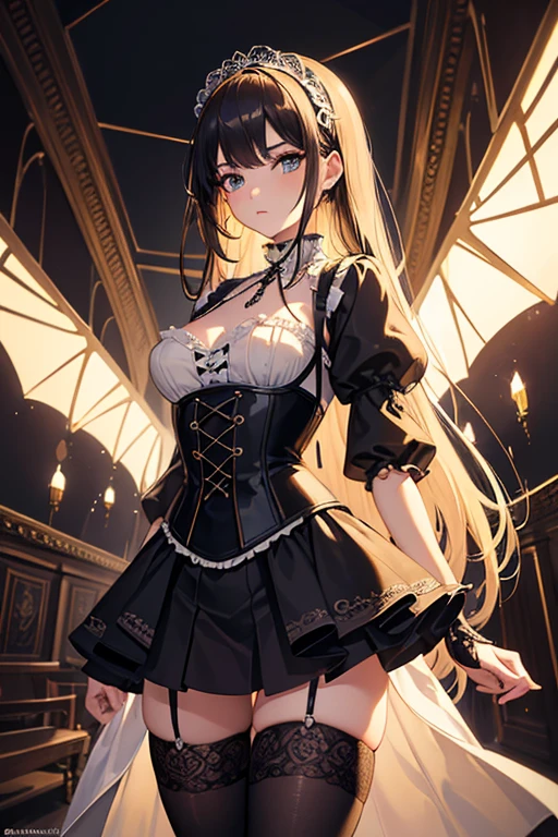 (Masterpiece:1.2), best quality, (illustration:1.2), (Ultra detailed), hyper details, (delicate detailed), (intricate details), (cinematic light, best quality Backlights), Delete line, soloist, perfect body, (1 girl) An oil painting style of a goth emo pinup Alice in Wonderland, long hair with the scalloped lace dyed, miniskirt, crystal chains, harness, CORSET, slippers, magic, ultra detailed, ultra quality, (make up), high contrast, (better lighting, extremely created and beautiful), (cinematic light), showy,