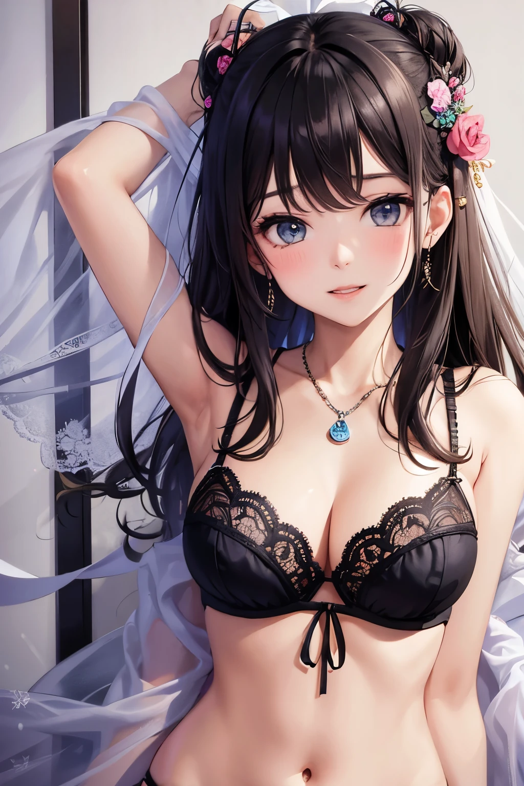 anime (centenas), senhora adolescente, gostosa, Sensual (peitos muito grandes), atriz (Reitia Saint-Emilion) , medium black hair down to the neck , olhos roxos, calcinha fio dental de tira dupla, lace bra, lungerie sexy, Ela estava em um quarto toda molhada de suor.