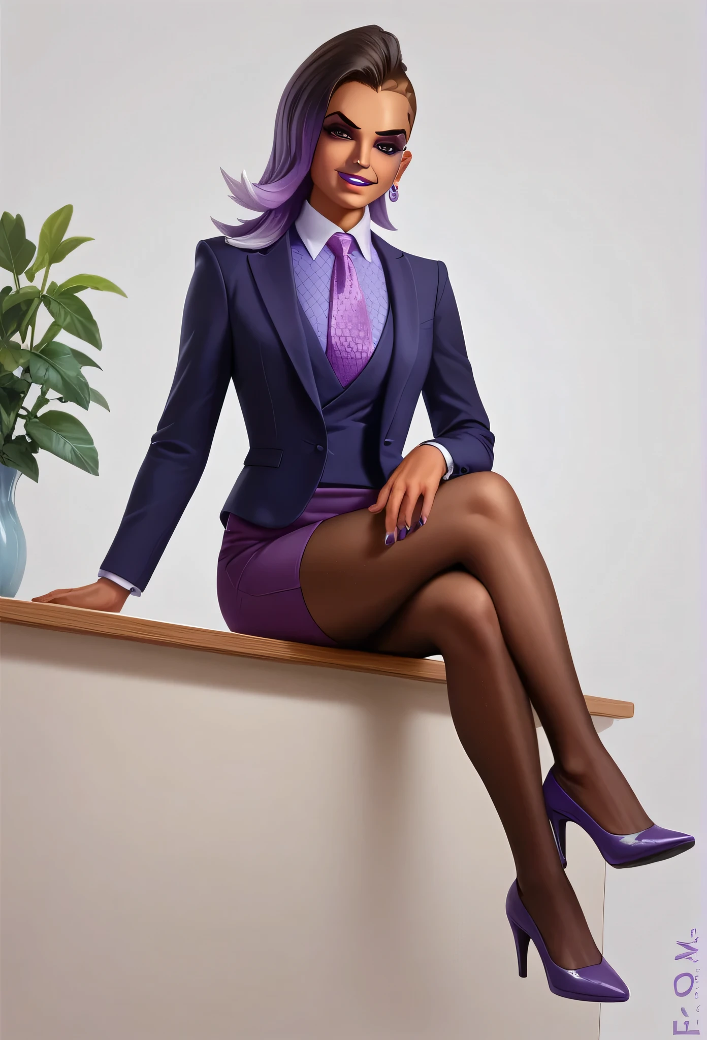 score_9, score_8_up, score_7_up, score_6_up, score_5_up, score_4_up, 3d,
owsombra, smirk, three-piece suit, ((waistcoat)), purple skirt suit, dress shirt, purple necktie, blazer, suit jacket, bodycon pencil skirt, (lilac shirt with white collar), white shirt collar, contrast collar, suit trim, makeup, lipstick, high heels, black pantyhose, sitting on desk, hand on knee, elegant, cheeky, crossed legs, adjusting necktie, hexagon pattern, cum on face, cum on legs