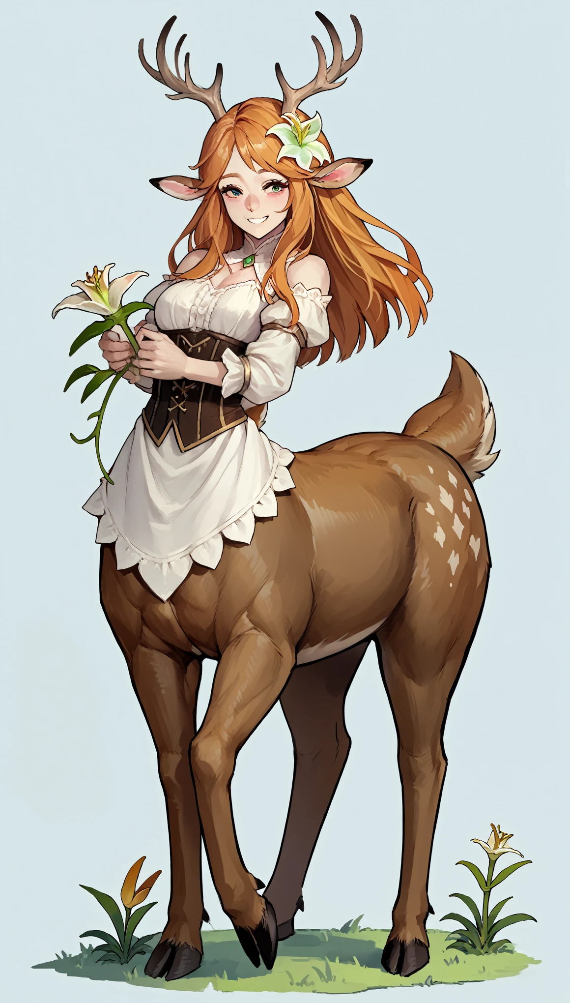 (zPDXL2), (PonyXLV6_Scores), source_anime, source_anthro, source_furry, Expressiveh, solo, four-quarter portrait, BREAK

best quality, anime, full body, lillia, deer centaur, smiling, (simple background)