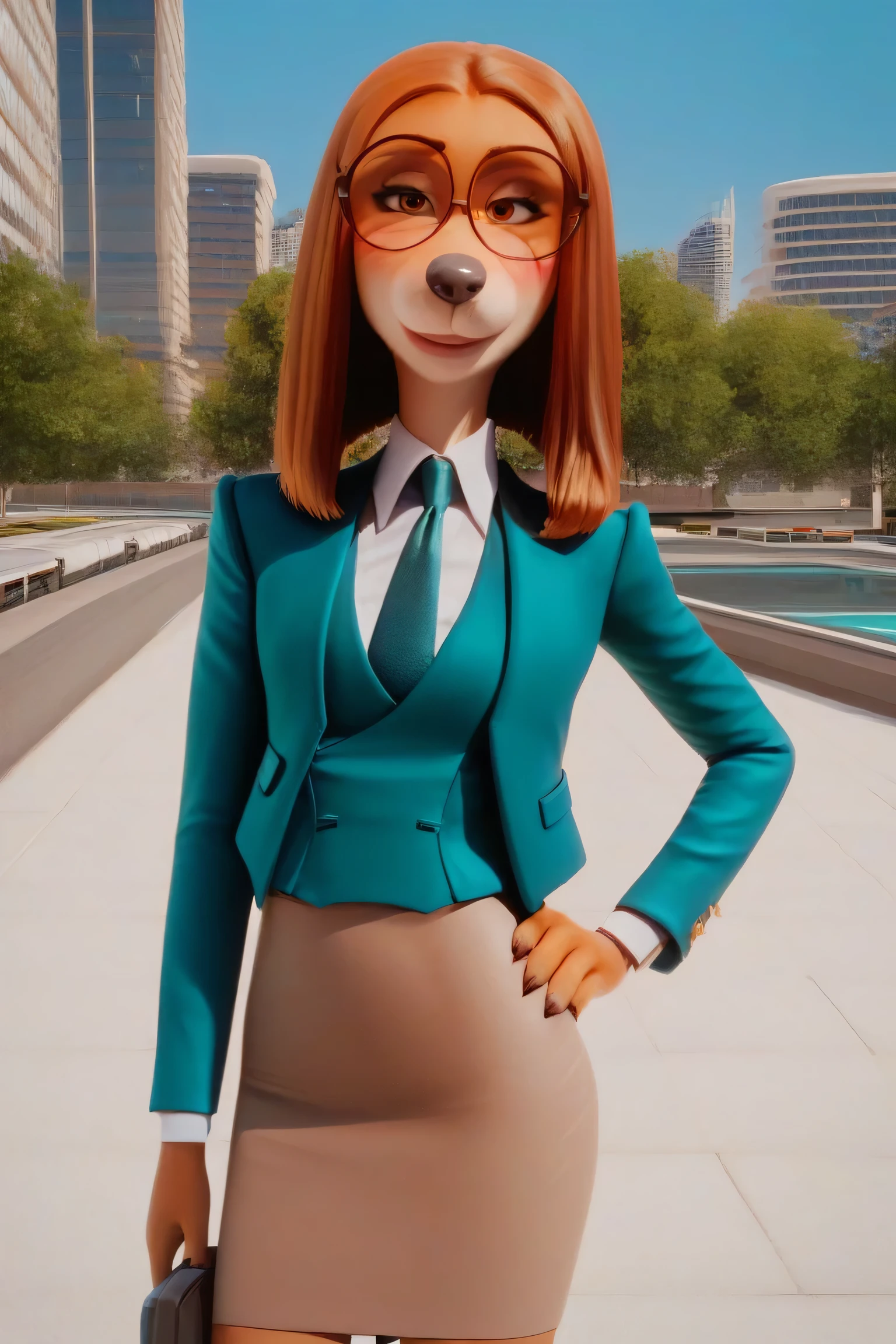 zPDXL, score_9,score_8_up,score_7_up,_up, best quality,  amazing quality, masterpiece, 1girl, looking at viewer, solo, cute, blush,  suki lane,  dog girl, animal ears, animal nose, brown eyes,  brown hair, brown fur,   three-piece suit, 1girl, solo, formal, jewelry, suit, necktie, earrings,jacket, waistcoat, shirt, standing, hand on hip, jacket, satin shirt,pencil skirt, cufflinks, round eyewear, blue sky,city, park, skyline, contour_deepening,depth of field, huge filesize,wallpaper,background,(flat color),burgerkiss, textured clothing, close up