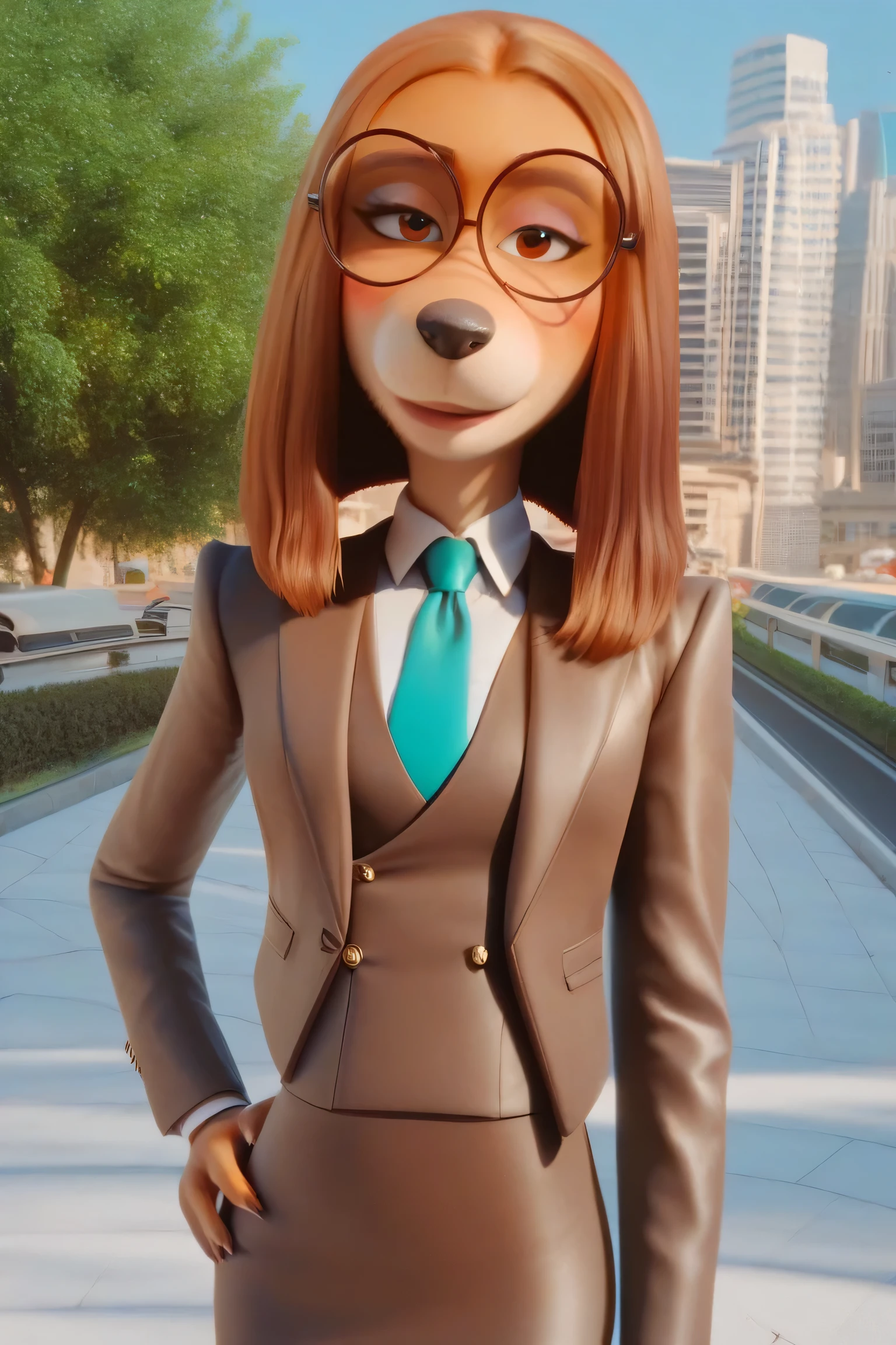 zPDXL, score_9,score_8_up,score_7_up,_up, best quality,  amazing quality, masterpiece, 1girl, looking at viewer, solo, cute, blush,  suki lane,  dog girl, animal ears, animal nose, brown eyes,  brown hair, brown fur,   three-piece suit, 1girl, solo, formal, jewelry, suit, necktie, earrings,jacket, waistcoat, shirt, standing, hand on hip, jacket, satin shirt,pencil skirt, cufflinks, round eyewear, blue sky,city, park, skyline, contour_deepening,depth of field, huge filesize,wallpaper,background,(flat color),burgerkiss, textured clothing, close up