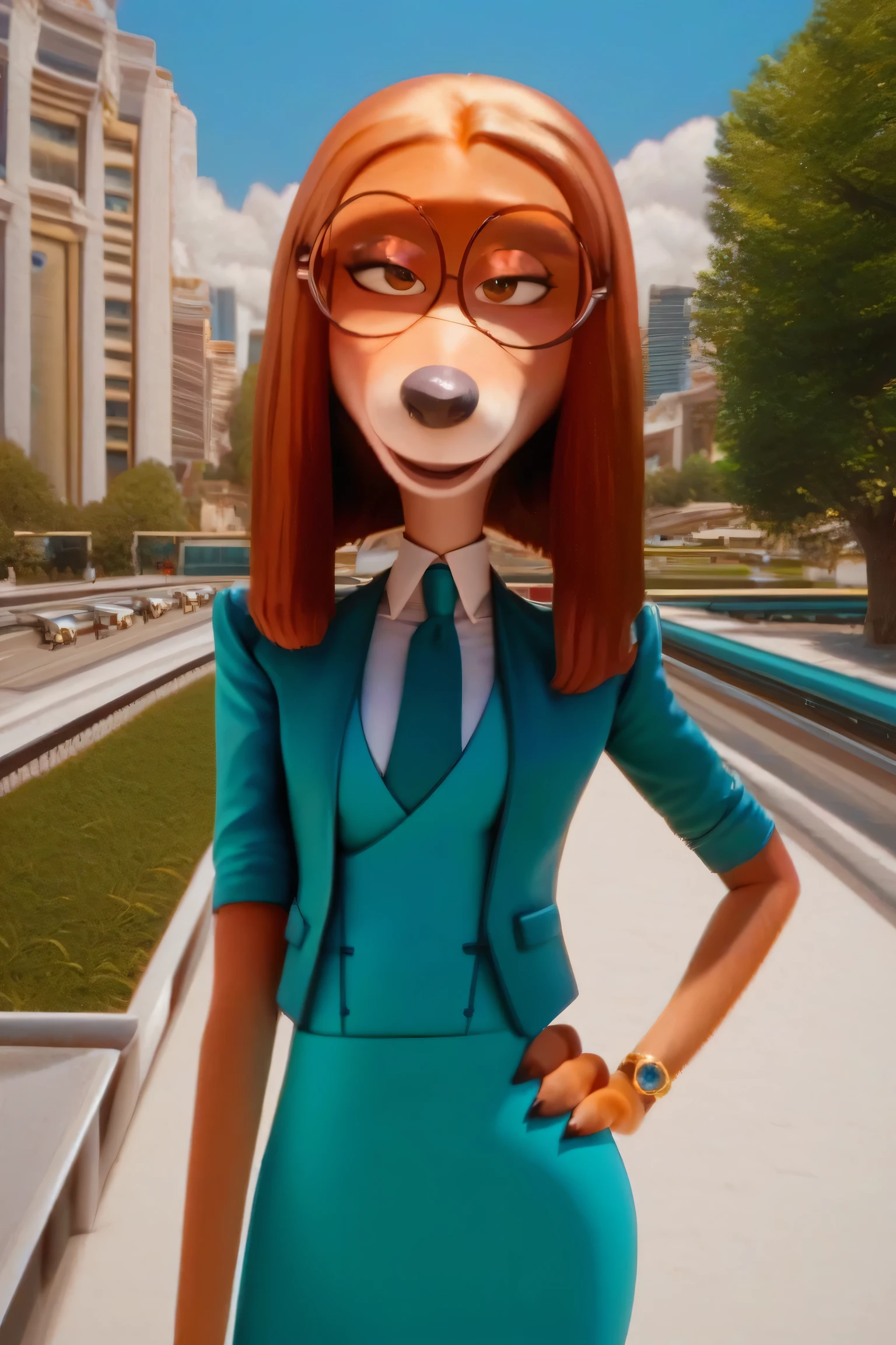 zPDXL, score_9,score_8_up,score_7_up,_up, best quality,  amazing quality, masterpiece, 1girl, looking at viewer, solo, cute, blush,  suki lane,  dog girl, animal ears, animal nose, brown eyes,  brown hair, brown fur,   three-piece suit, 1girl, solo, formal, jewelry, suit, necktie, earrings,jacket, waistcoat, shirt, standing, hand on hip, jacket, satin shirt,pencil skirt, cufflinks, round eyewear, blue sky,city, park, skyline, contour_deepening,depth of field, huge filesize,wallpaper,background,(flat color),burgerkiss, textured clothing, close up