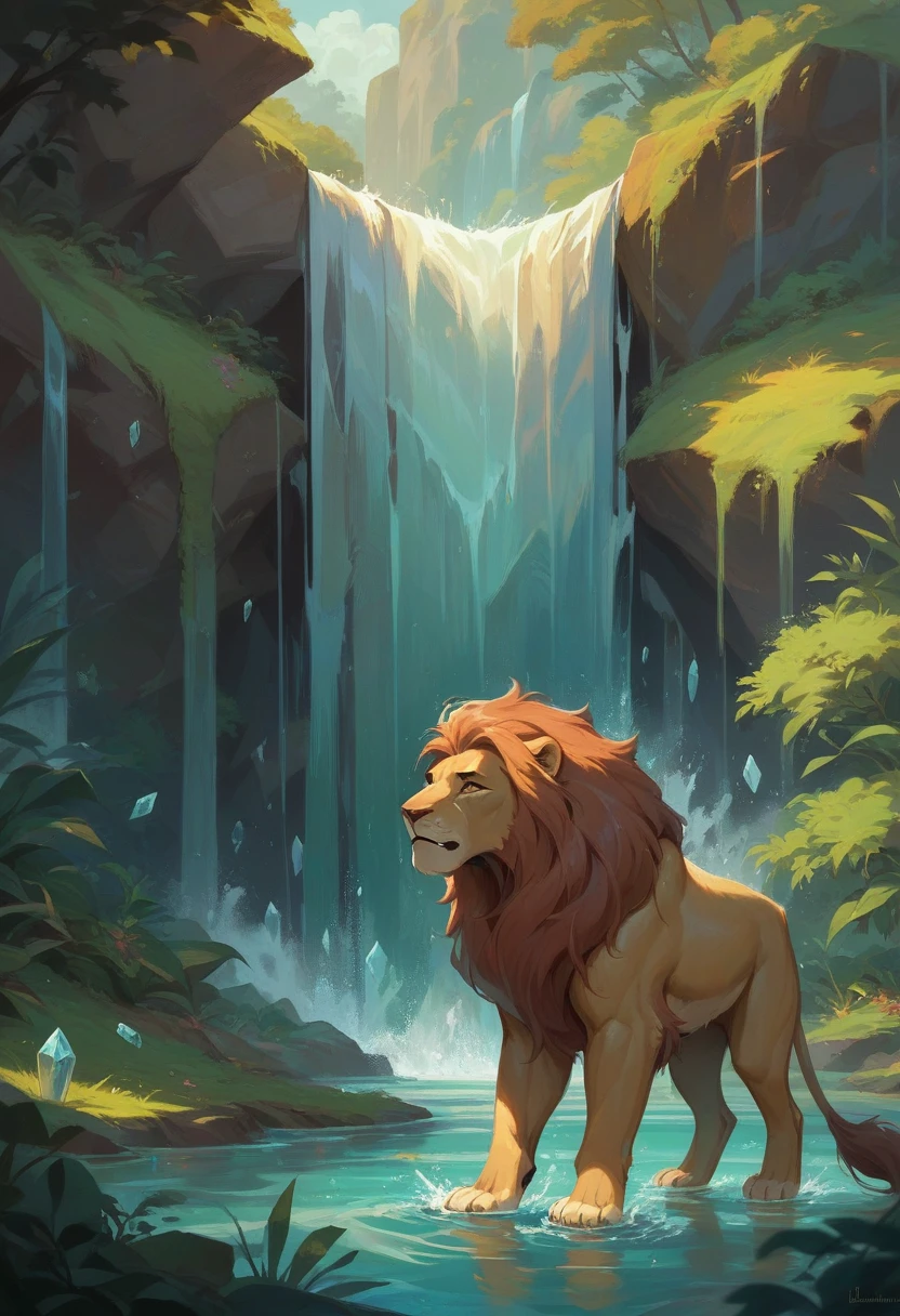 Lion shaking his mane, lion coming out of water shaking his mane, waterfall background, Crystal clear water, Golden hour, 