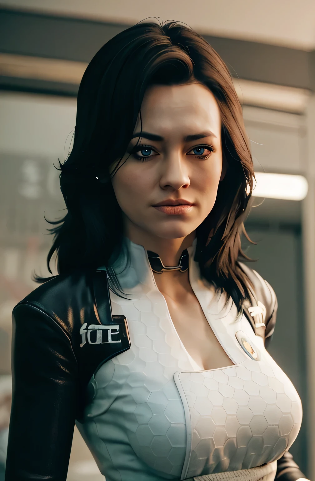 Realistic, hyper realistic, 8k, best quality, real picture, intricate details, ultra-detailed, ultra highres, depth field,(photorealistic,realistic:1.2), masterpiece,photo of european girl, miranda, blue eyes, black hair, long hair,  dress, long dress, solo, sun, blue sky, best quality, realistic, photorealistic, (intricate details:1.2), (delicate detailed), (cinematic light), clear line, sharp focus, realistic face, detailed face, unity 8k wallpaper, ultra high res, (photorealistic:1.4), fighting a cyborg 