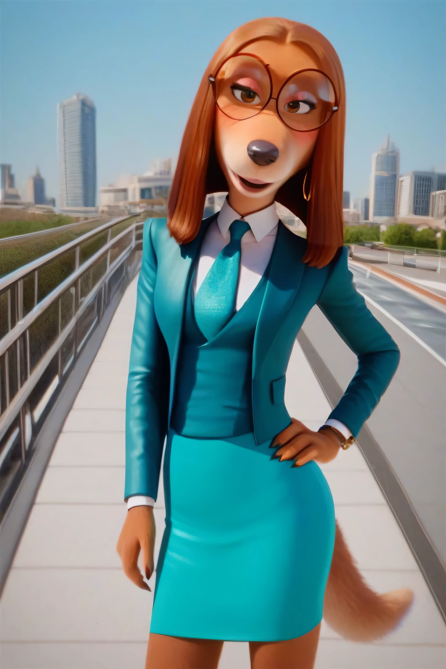 zPDXL, score_9,score_8_up,score_7_up,_up, best quality,  amazing quality, masterpiece, 1girl, looking at viewer, solo, cute, blush,  suki lane,  dog girl, animal ears, animal nose, brown eyes,  brown hair, brown fur,   three-piece suit, 1girl, solo, formal, jewelry, suit, necktie, earrings,jacket, waistcoat, shirt, standing, hand on hip, jacket, satin shirt,pencil skirt, cufflinks, round eyewear, blue sky,city, park, skyline, contour_deepening,depth of field, huge filesize,wallpaper,background,(flat color),burgerkiss, textured clothing, close up, nylon clothing, tail, pinstripe pattern